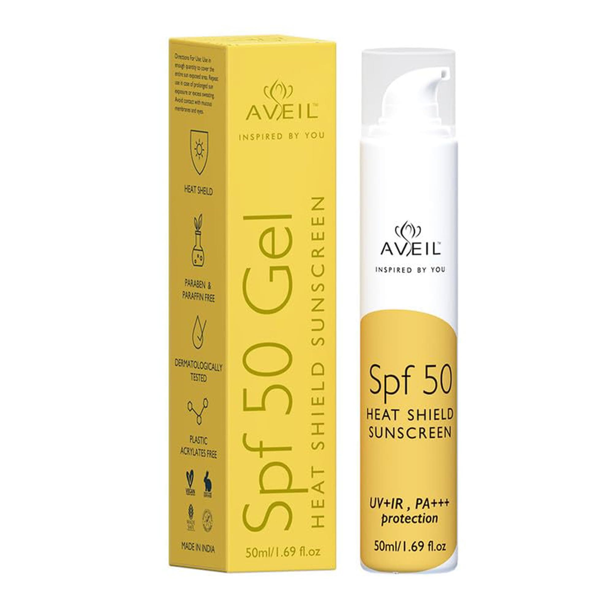 AVEIL Heat Shield Gel Sunscreen SPF 50 With PA+++ | For All Skin Types | Paraben & Paraffin free | Hydrating Sunscreen | Sun Protection From UVA, UVB, IR | No White Cast | Pack of 1-50ml