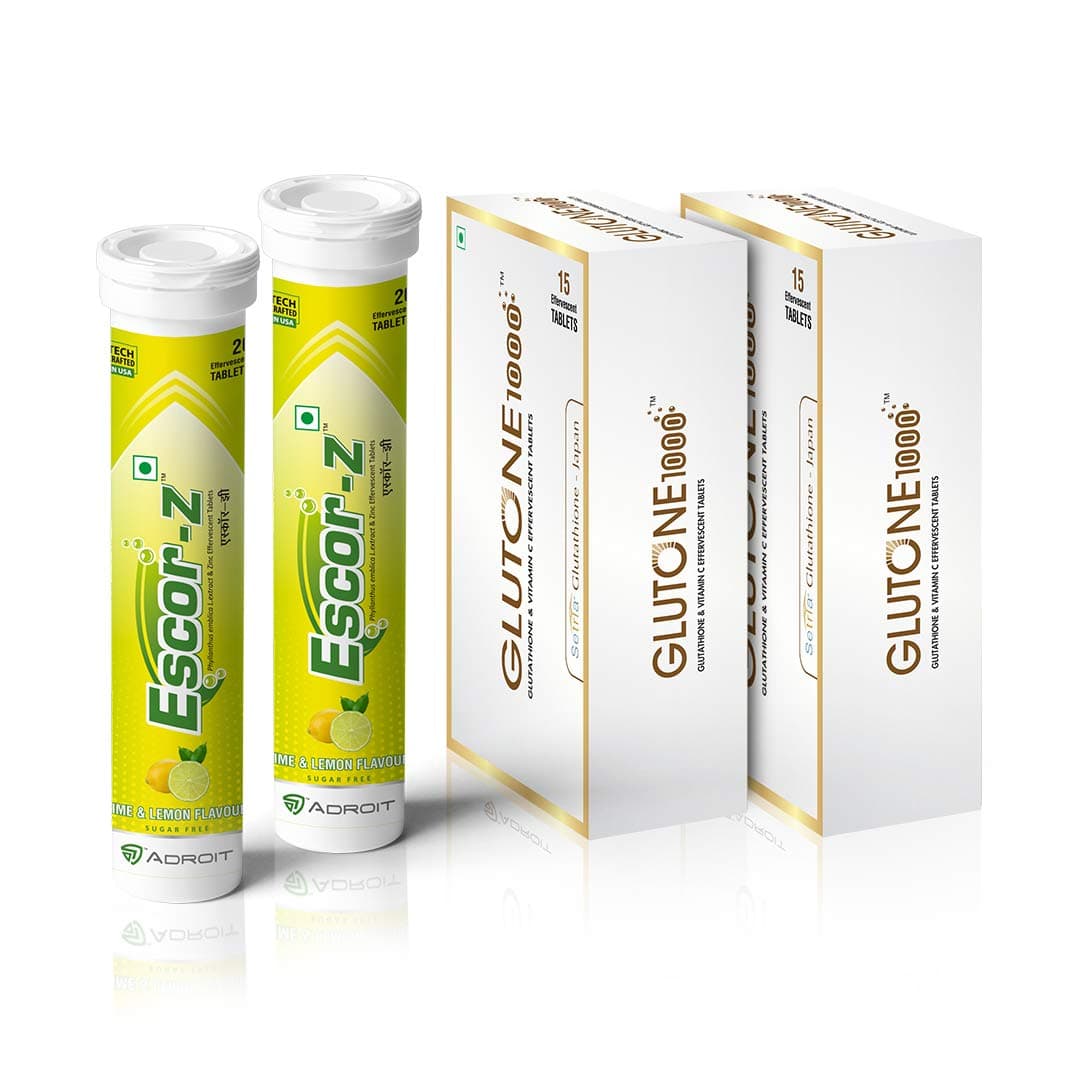 1000 & Escor-Z Combo Pack| Setria L-Glutathione, Vitamin C Effervescent Tablets| Healthy Skin| 15 (2) + 20 (2) Tablets (Lemon Flavour)