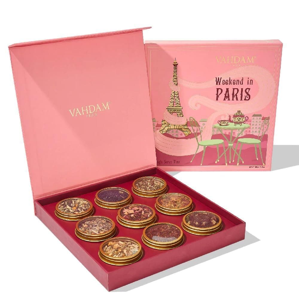 VAHDAM, Weekend in Paris Tea Gift Set - 9 Assorted Teas | Travel Edition Gift Box | Natural Ingredients Luxury Tea Set | Gluten Free, Non-GMO