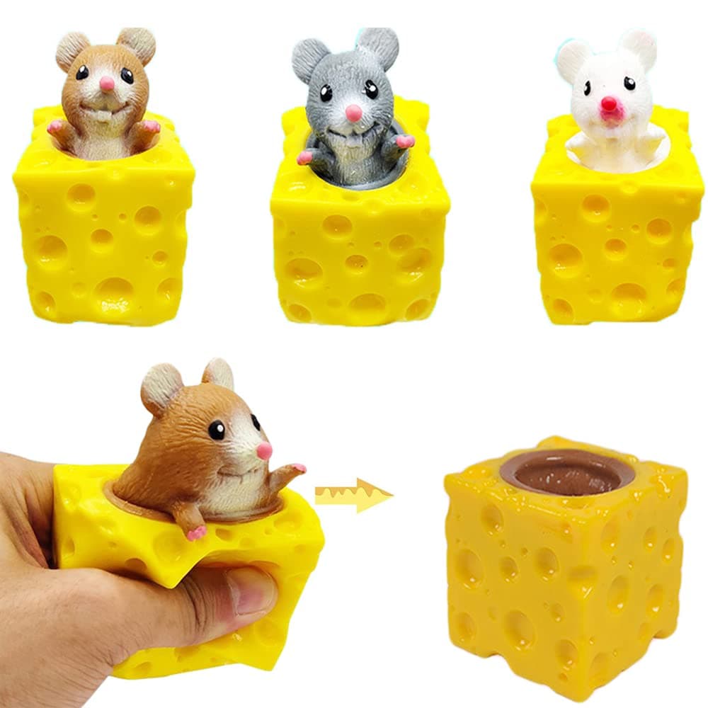 3PCS Animal Squishes Toys with Cheese Cup Squishies Cute Mice Squeeze Toys for Kids Cheese Squirrel Cup Fidget Toys for Adults Anxiety ADHD Stress Relief Toy Birthday Party Favors