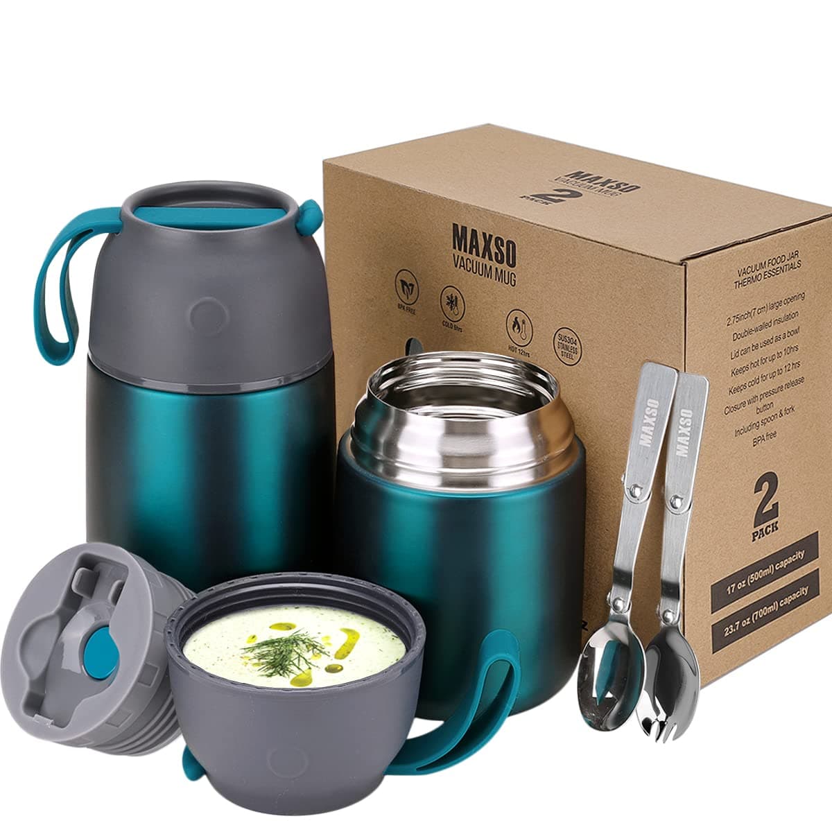 2 Pack Soup Thermo for Hot & Cold Food for Kids Adults, Vacuum Insulated Food Jar Thermal Lunch Containers, Travel Food Flask with Spoon (24 oz,17 oz) (Matte Green)