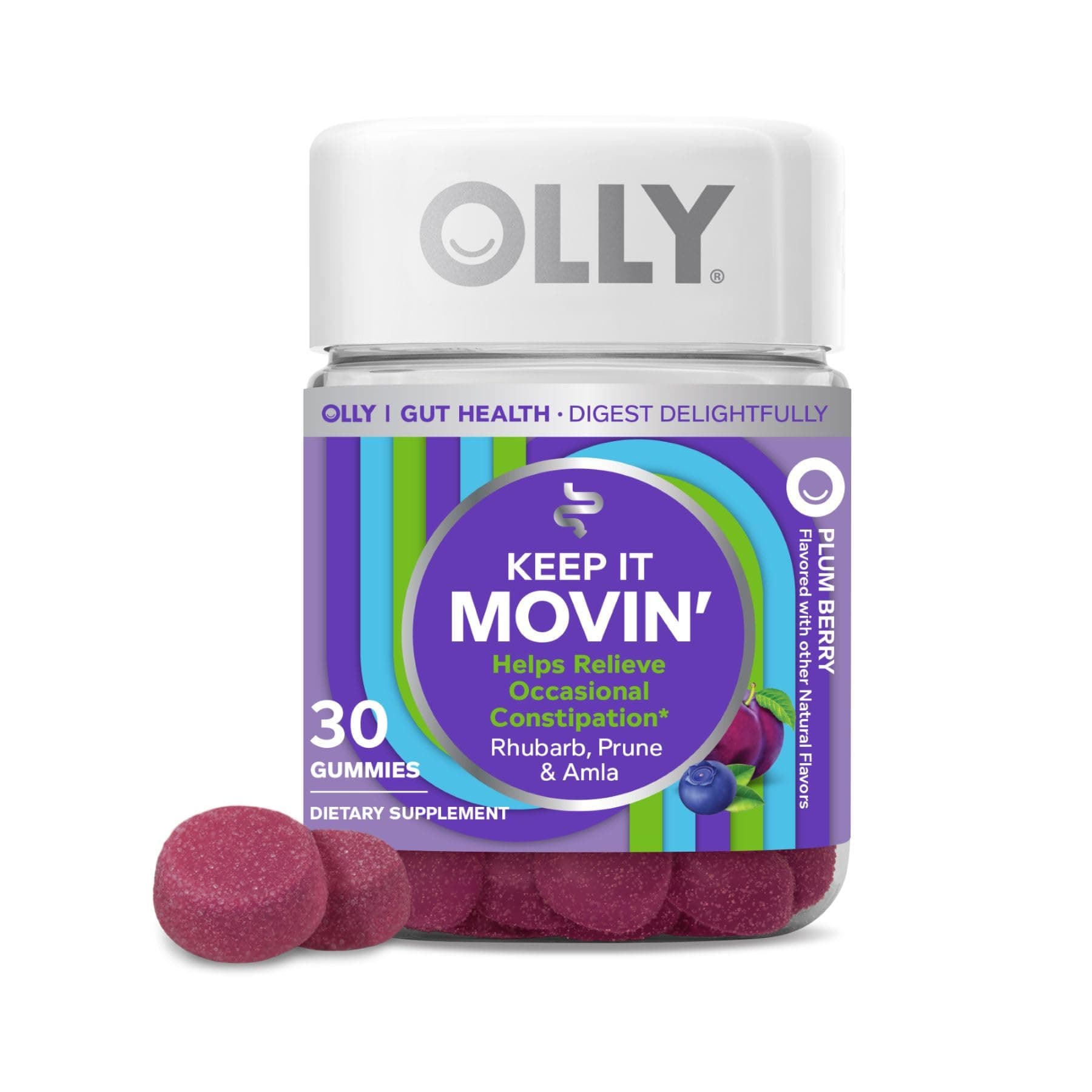 OLLY Keep it Moving Constipation Relief, Rhubarb, Prunes, Amla - Plum Berry Flavor - 30ct