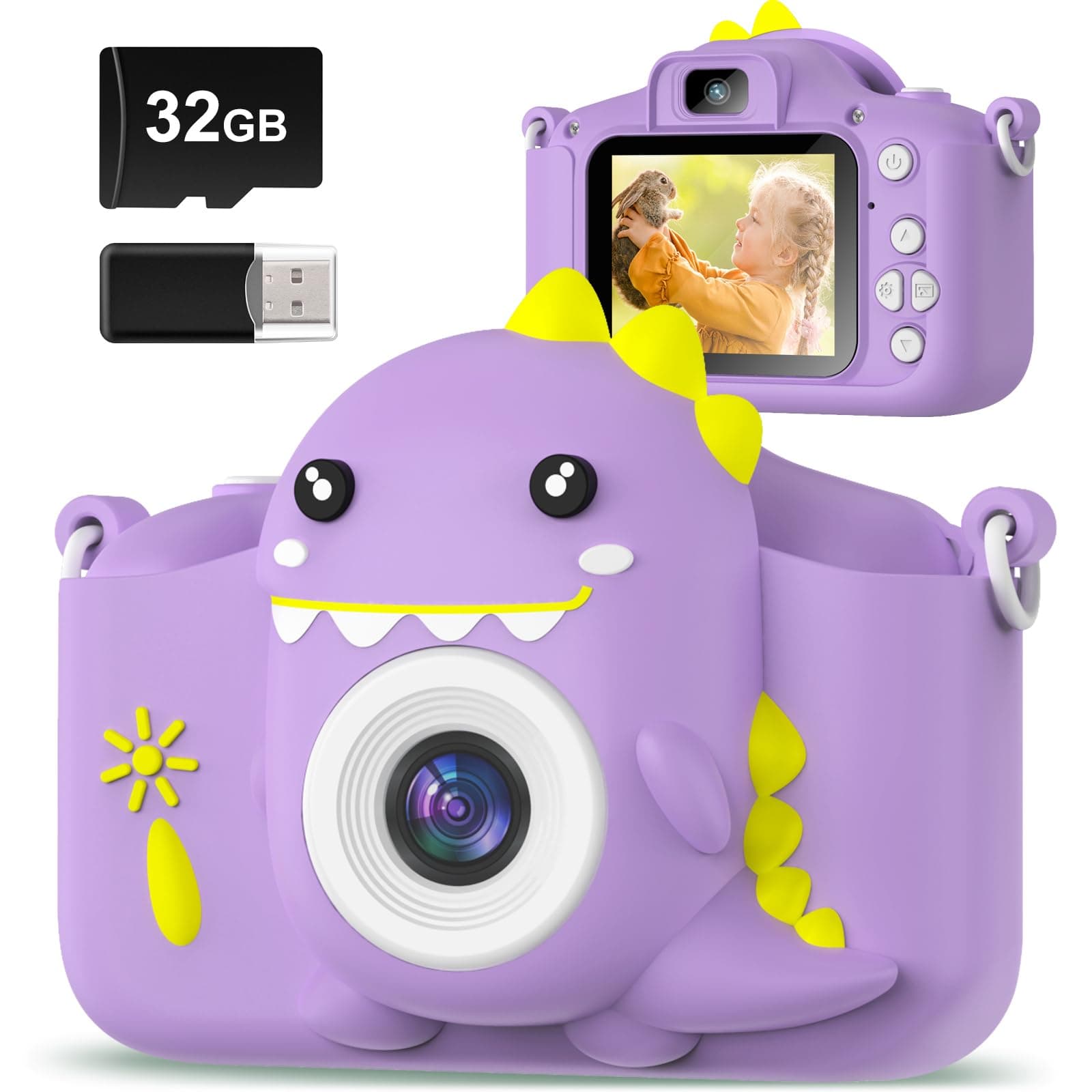 Hangrui Kids Camera, 20MP Kids Digital Dual Lens Cameras with Silicone Case 2.0 Inch IPS Screen 1080P Video Camcorder, 32GB Card,Shockproof Childrens Camera Toy for Boys & Girls Age 3-12(Purple)