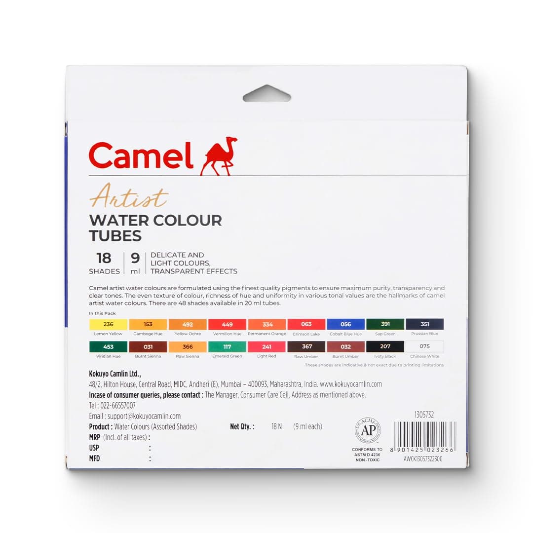 Camlin Kokuyo Artist's Water Color Box - 9Ml Tubes, 18 Shades