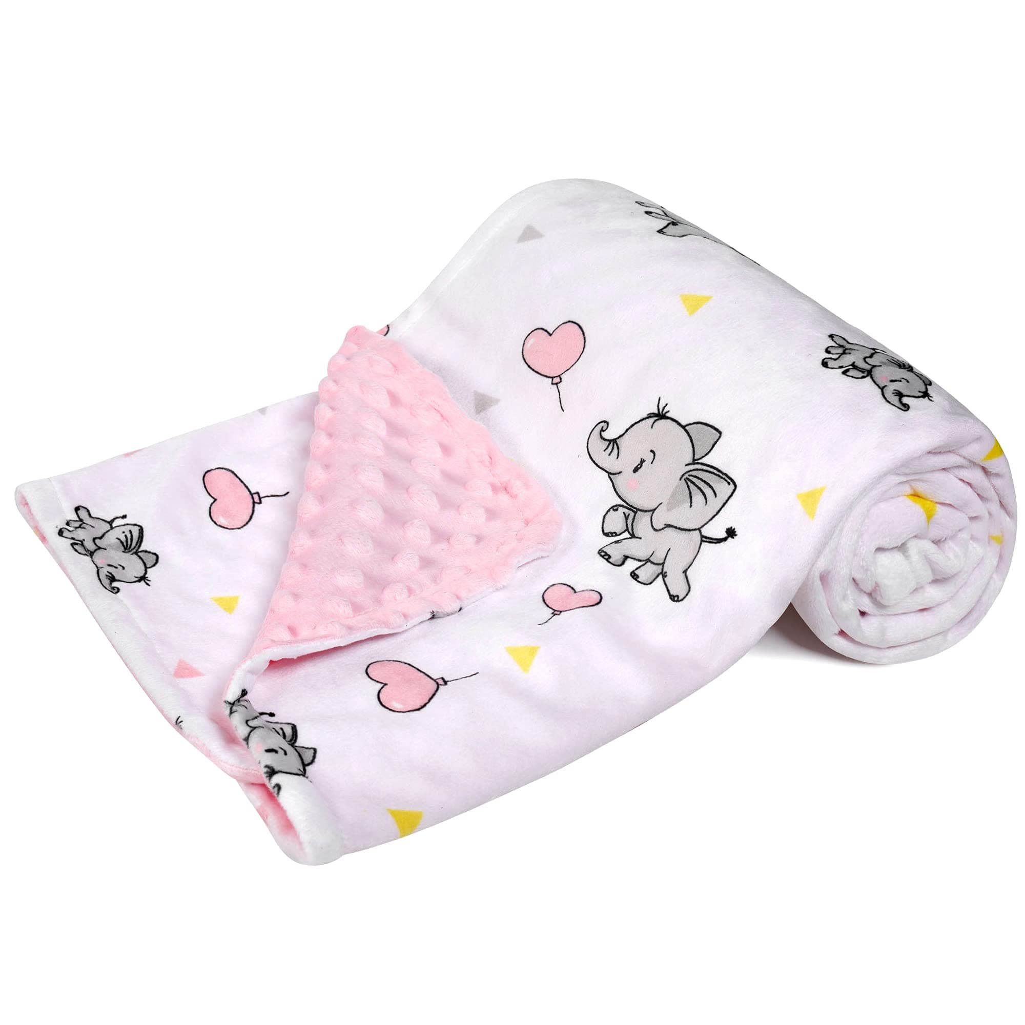 DaysU Minky Baby Blanket, Silky Soft Micro Fleece Baby Blanket with Dotted Backing, Printed Animal Throw Blanket for Girls, Elephant, Pink, 30x40 Inches