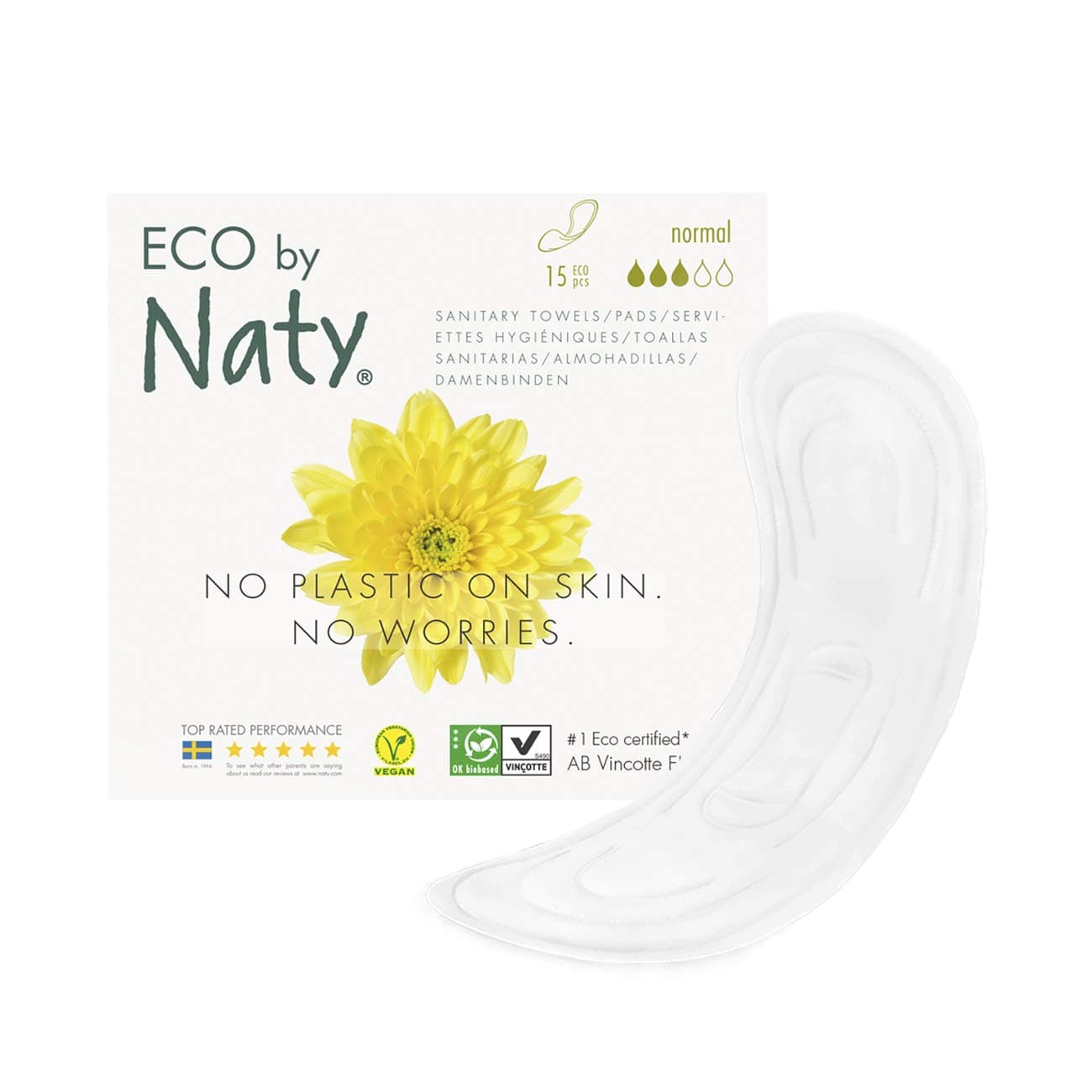 Eco by Naty Sanitary Pads – Normal, 15 pads, Absorbent, Plant-Based Thin Sanitary Pads. Vegan. 0% plastic