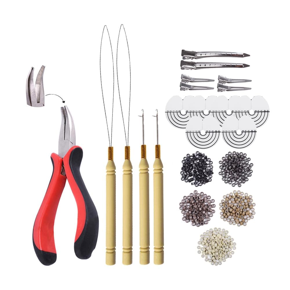 1000pcs Micro Silicone Rings Beads Hair Extensions Kit I-tip Hair Pliers Micro Pulling Hook Needle Loop Threader and 1000pcs Micro Silicone Links