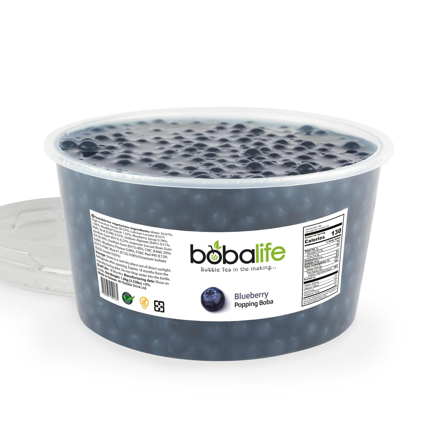 Bobalife Blueberry Flavoured Popping Boba 40 Servings (1.6kg), Fruit Juice Filled Boba Pearls for Bubble Tea, Iced Drinks, Desserts, Cocktails & Slush | Low Fat, Gluten-Free & Vegan