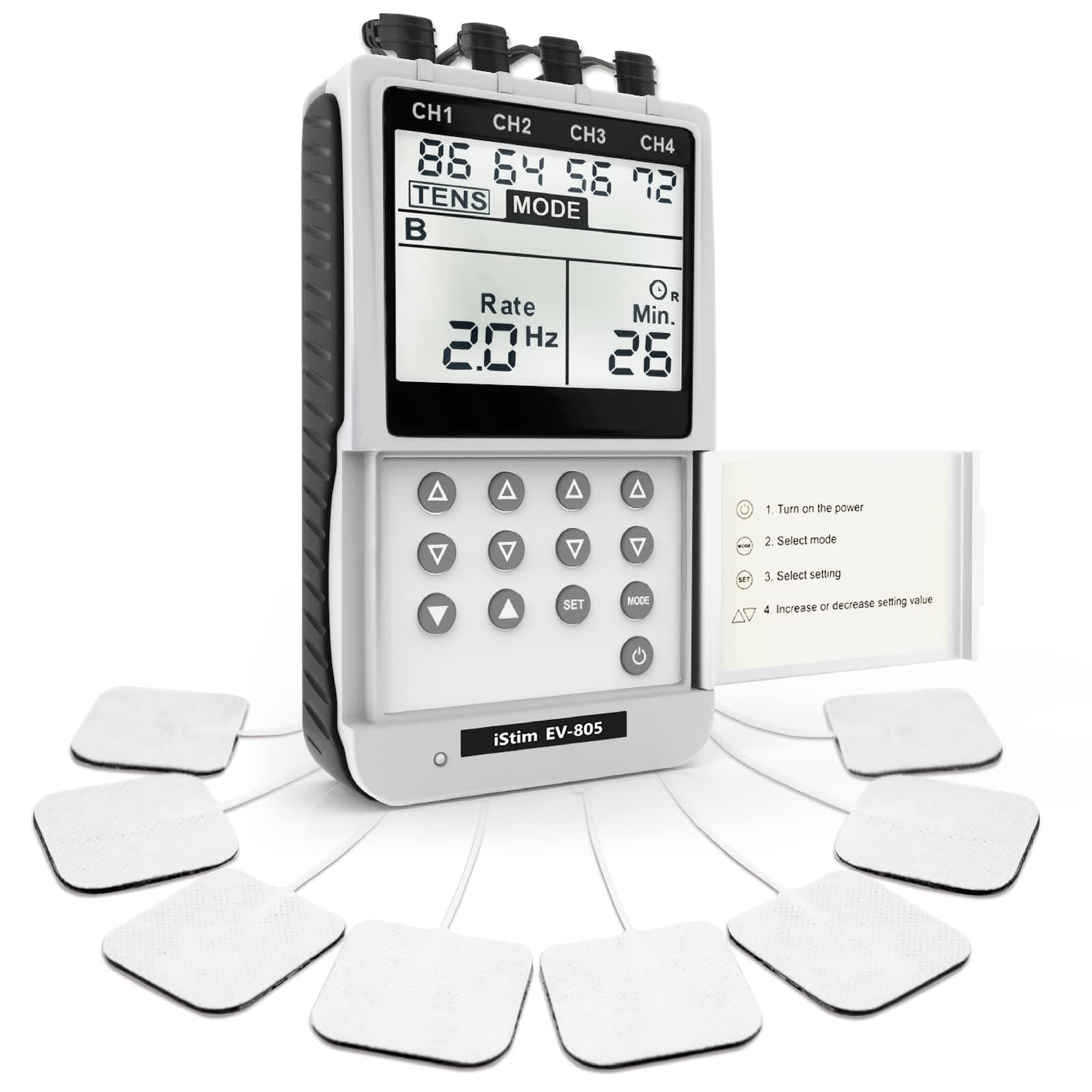 iStim EV-805 4Channels TENS EMS electrotherapy Machine, Muscle Stimulator, TENS Machine for Back Pain, Nerve Pain Relief, Muscle & Nerve stimulators, EMS Machine Muscle Building, 16 Pads, AA Battery