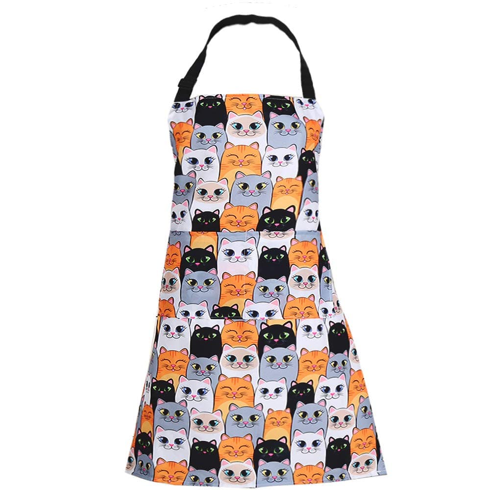 Adjustable Bib Apron Extra Long Ties with Pockets Home Kitchen Cooking Baking Gardening Apron for Women Men Cat