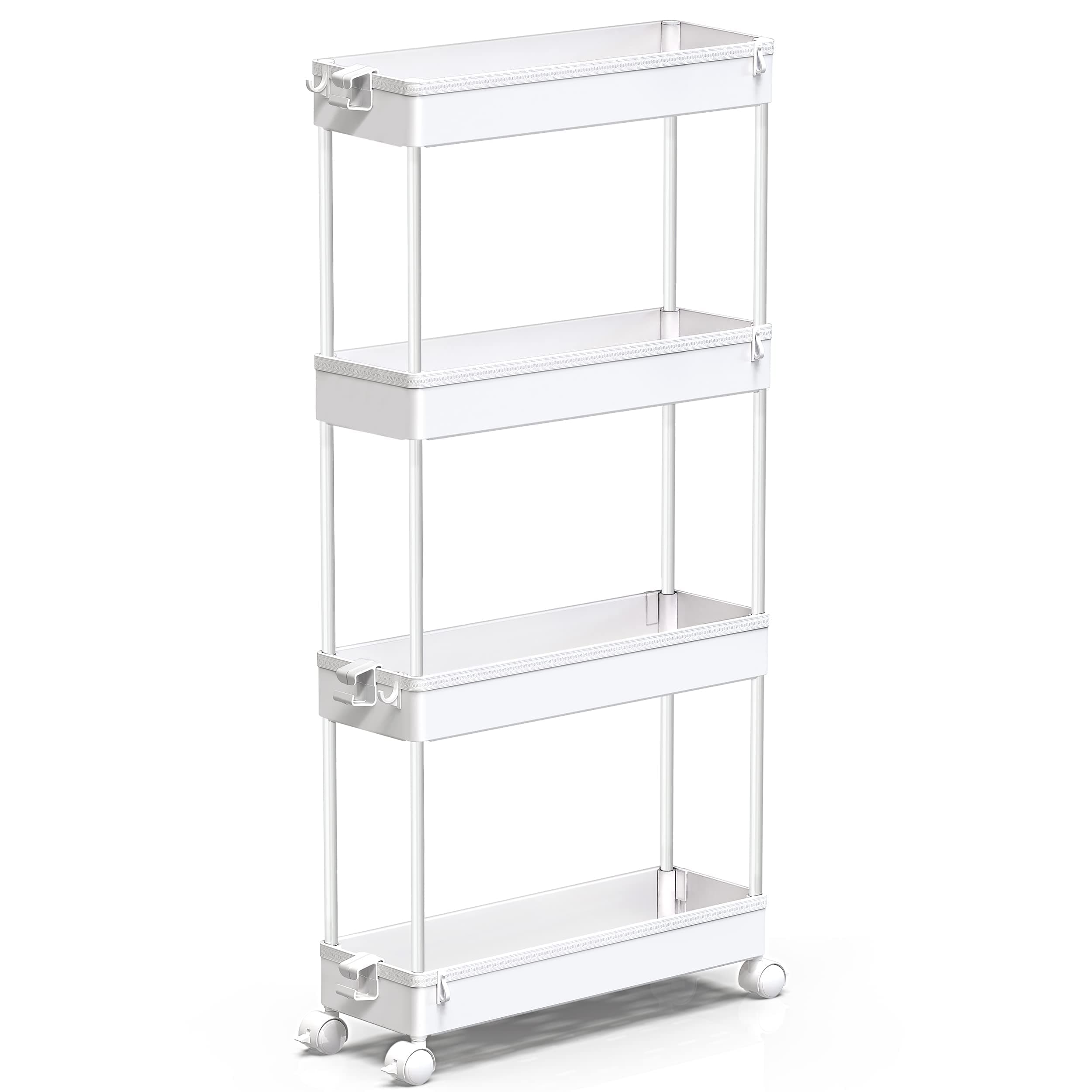 SPACEKEEPER Storage Trolley 4-Tier Slim Storage Cart Slide Out Rolling Utility Organizer Cart Mobile Shelving Unit for Kitchen Bathroom Laundry Office, Plastic, White