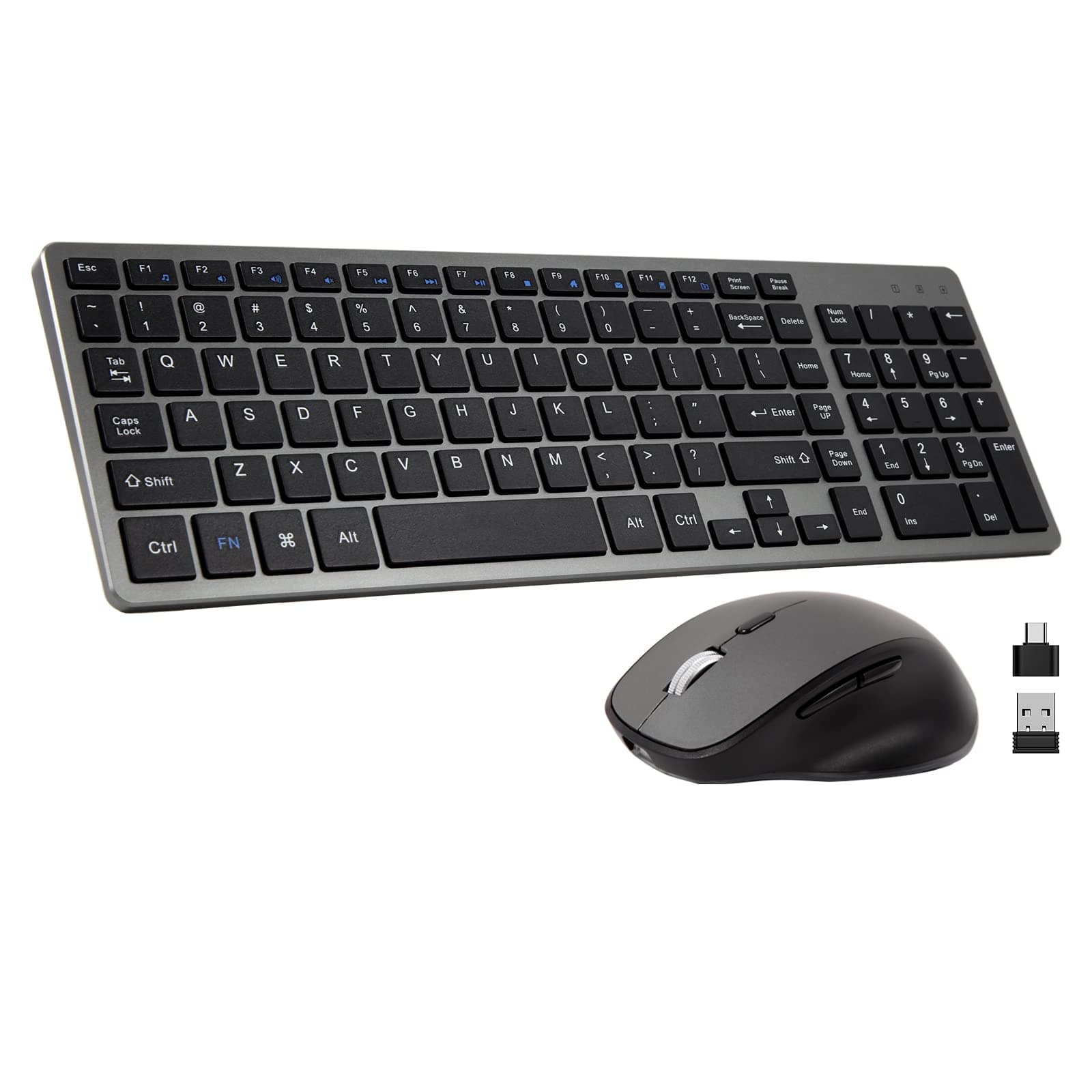 Rechargeable Wireless Keyboard and Mouse Combo, SHUNJINRUN USB Cordless Slim Compact Full-Size Keyboard and Ergonomic Silent Mouse with Side Buttons, for Windows,PC,Computer,Laptop,Chromebook - Gray