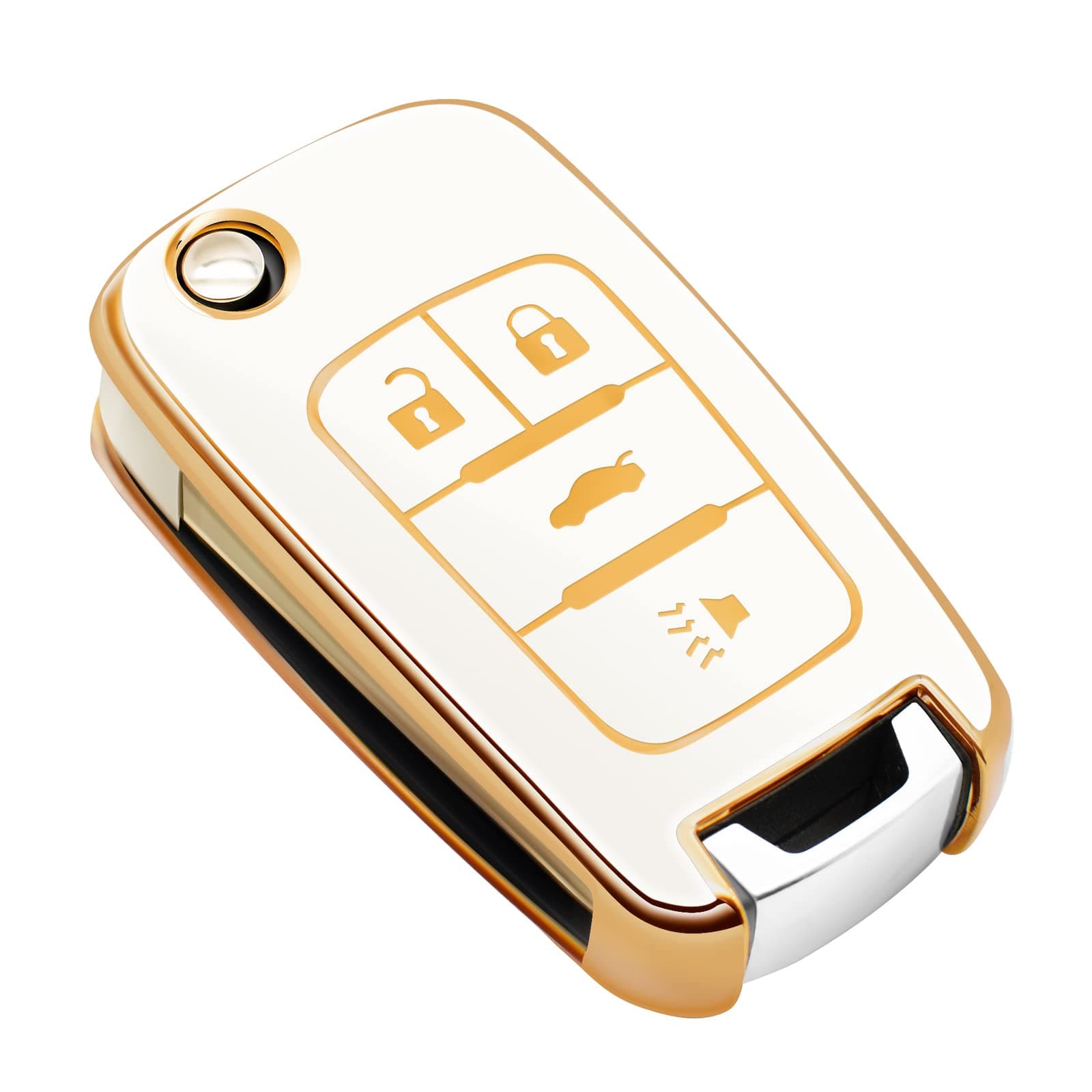 FEYOUN Key Fob Cover Compatible with Buick Encore Chevy Chevrolet Camaro Equinox Impala Sonic Trax GMC Terrain Flip 4 Buttons TPU Remote Keyless Key Fob Case Protection Shell Accessories, White