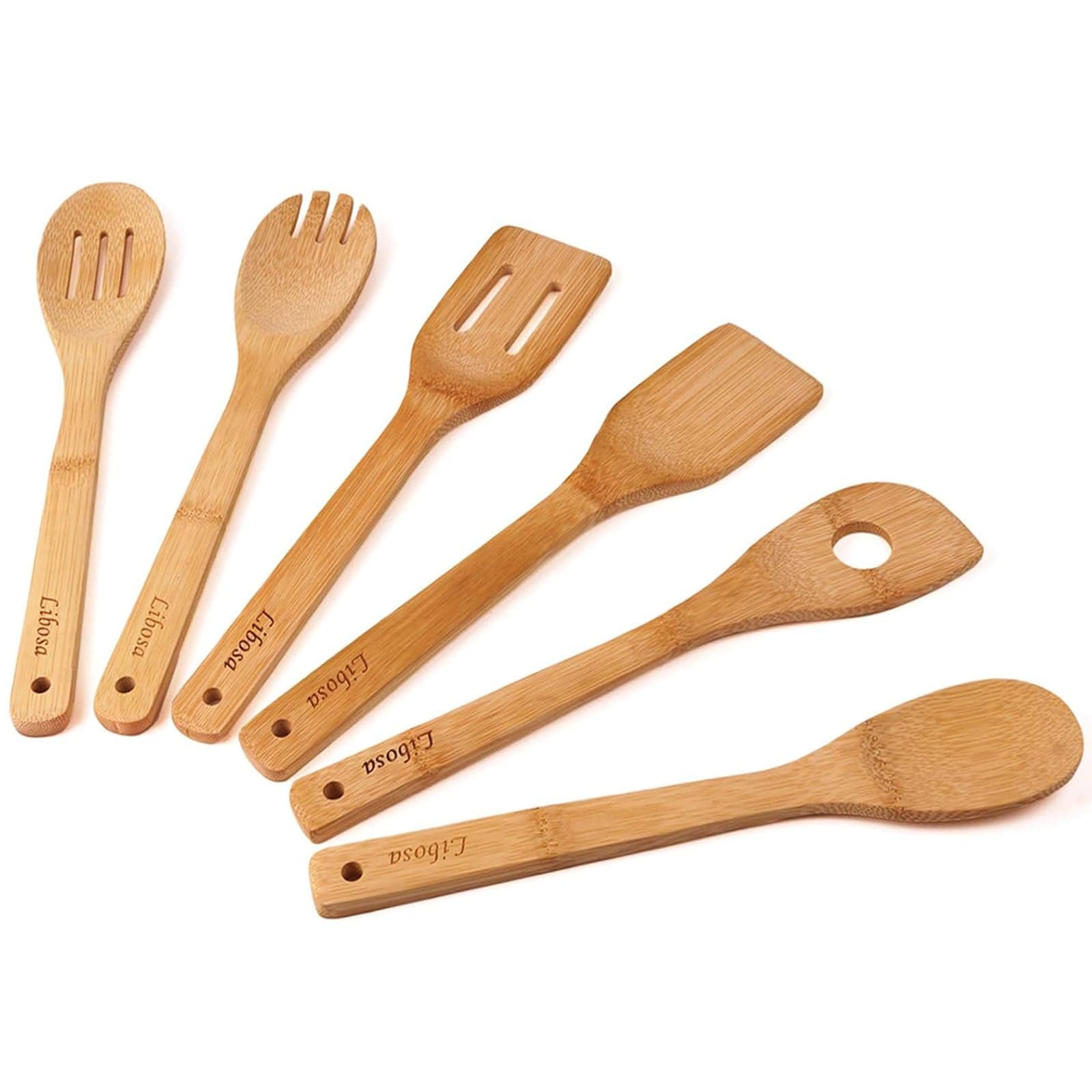 Wooden Spatula Bamboo Utensil Set 6 Pieces Wooden Cooking Spoon Kitchen Cooking Tools for Nonstick Pots and Pans Cookware Turner Spatula Mixing Forked and Slotted Spoon
