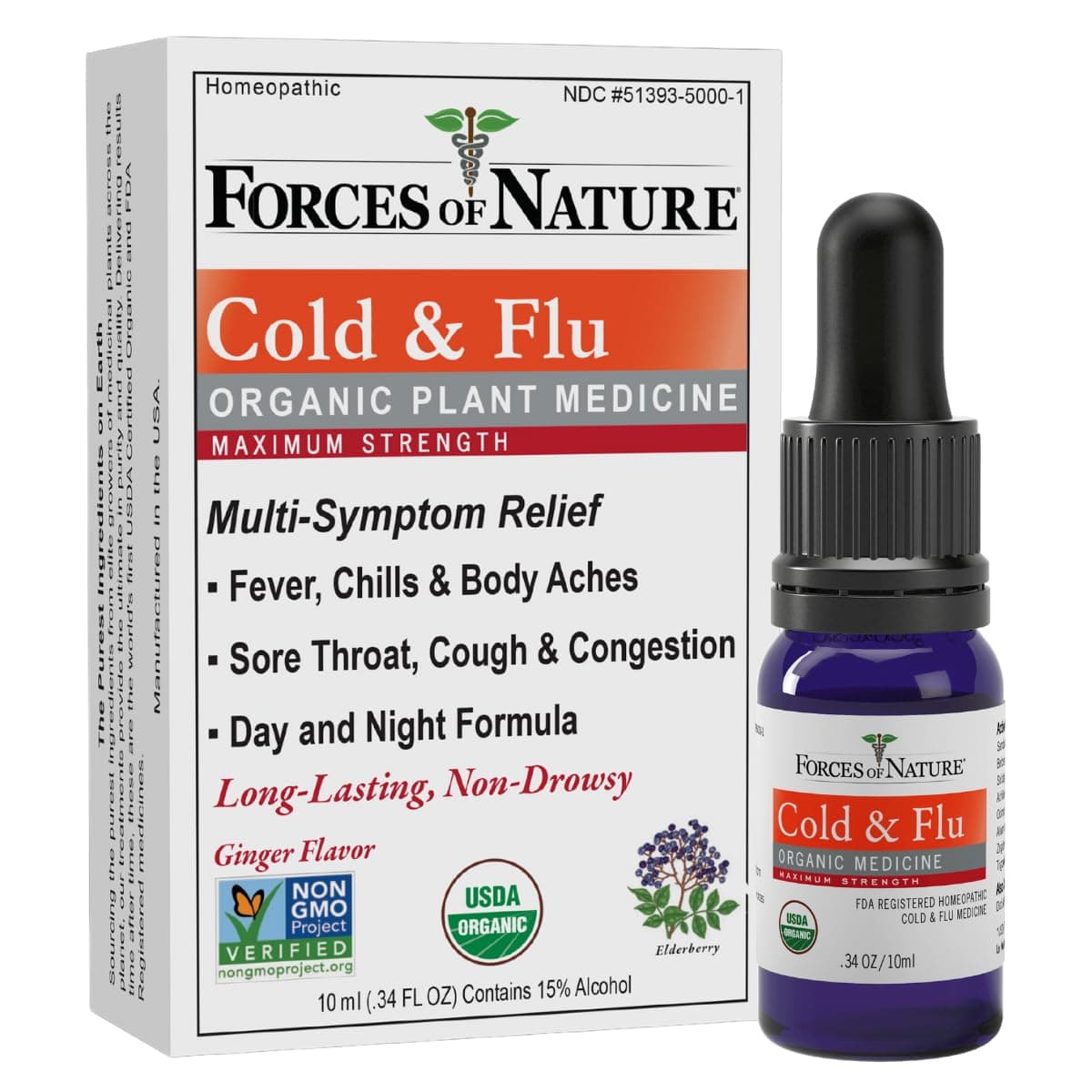 Forces of Nature Cold & Cough Relief, Organic Homeopathic Medicine for Cough, Congestion, Body Aches, Headache, Chills & Fatigue, Maximum Strength, Non-Drowsy Formula, 10ml (0.34 fl oz)