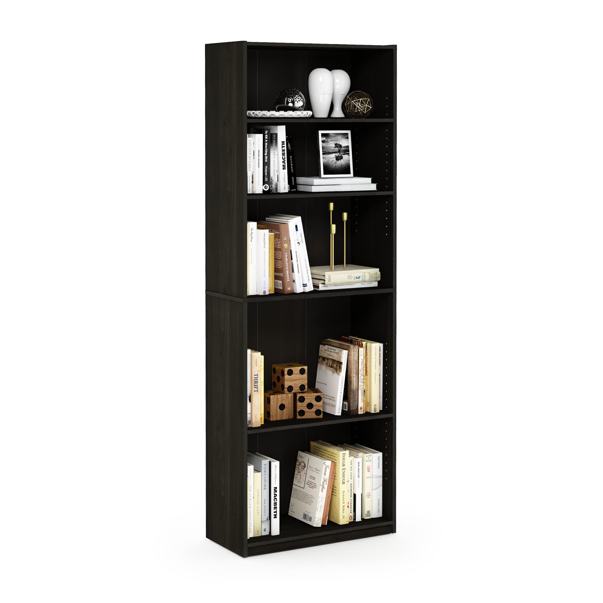 Furinno JAYA Book Shelf, 5-Tier Bookshelf, Bookcase with Adjustable Shelves, 9.5" x 24.5" x 71.2", for Organization and Storage, for Living Room, Bedroom, Home Office, Espresso
