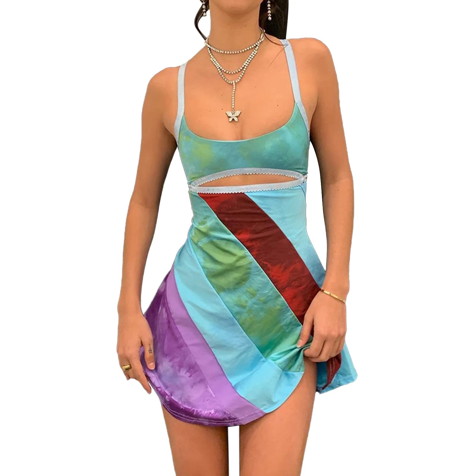Y2K Dress for Women Summer Sleeveless Rainbow Bodycon Retro Going Out Dress 2000s 70s Halloween Costume