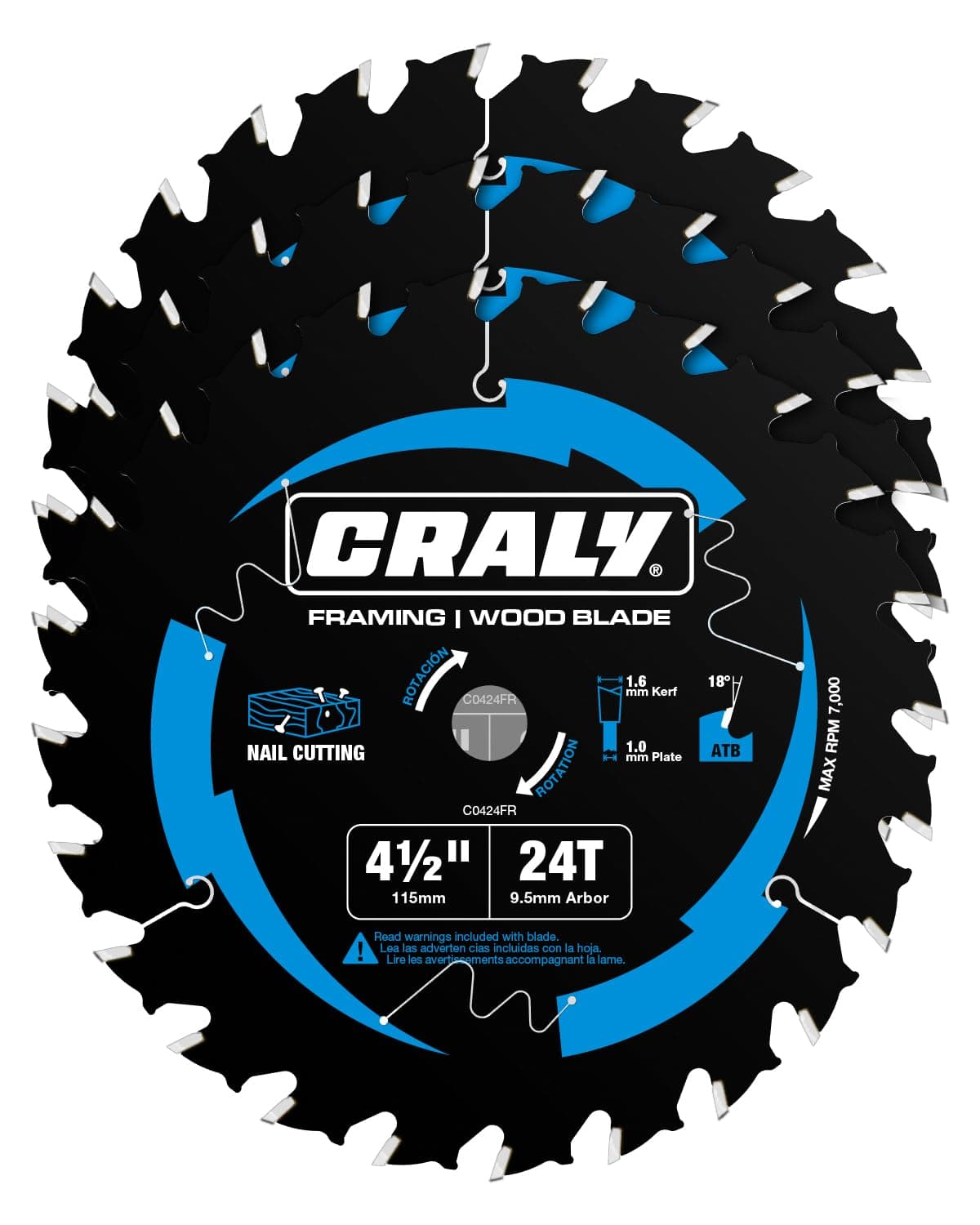 CRALY 4-1/2 Inch 24 Teeth Wood Cutting Framing Circular Saw Blade, 3/8 Inch Arbor, Carbide Tipped, Thin Kerf, Black Ice™, for Plywood, MDF, OSB, Laminated, 3-Pack(C0424FR-3)