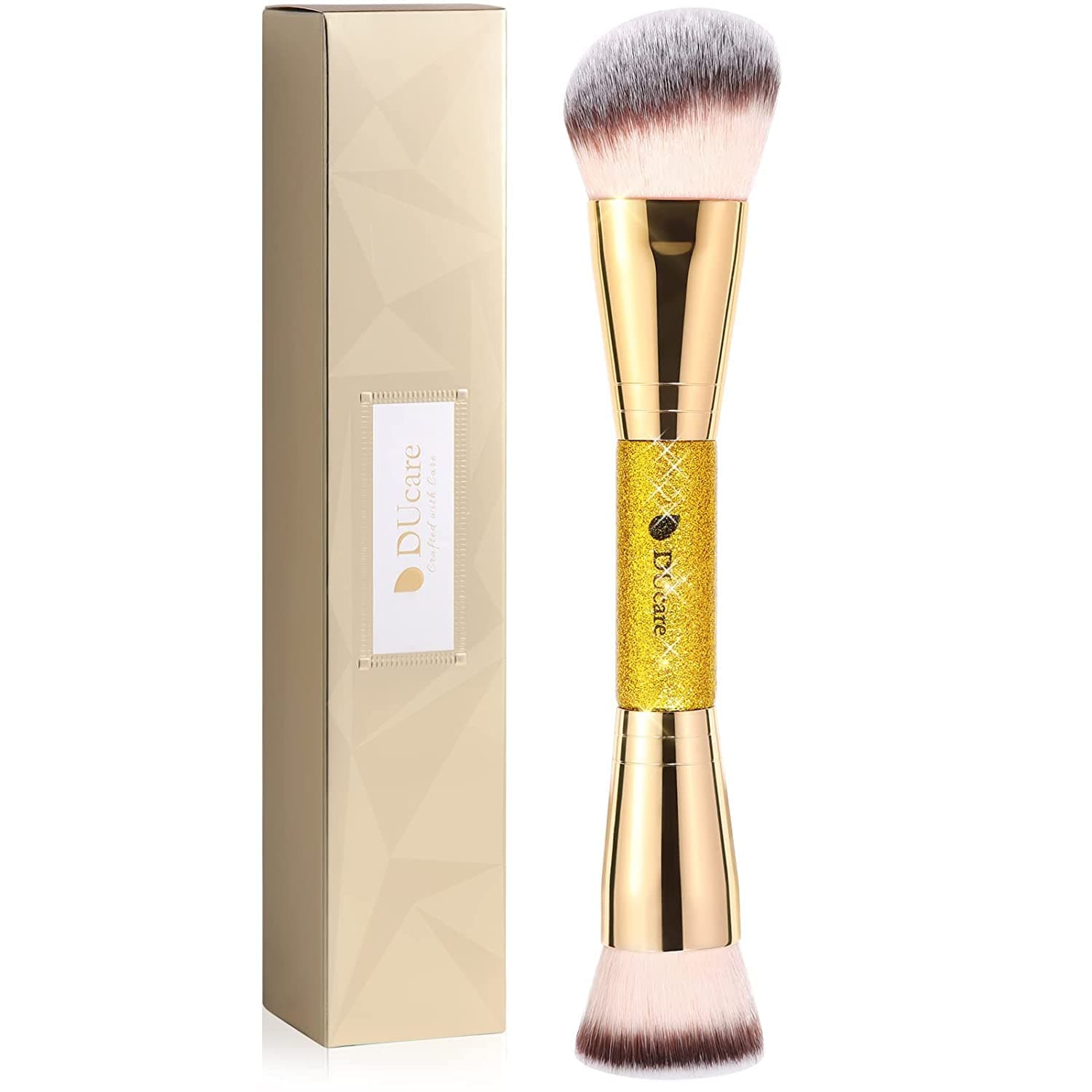 Dual End Foundation Contour Bronzer Brush, Gold Glitter Handle Double Ended Professional Face Makeup Tool for Liquid Cream Powder