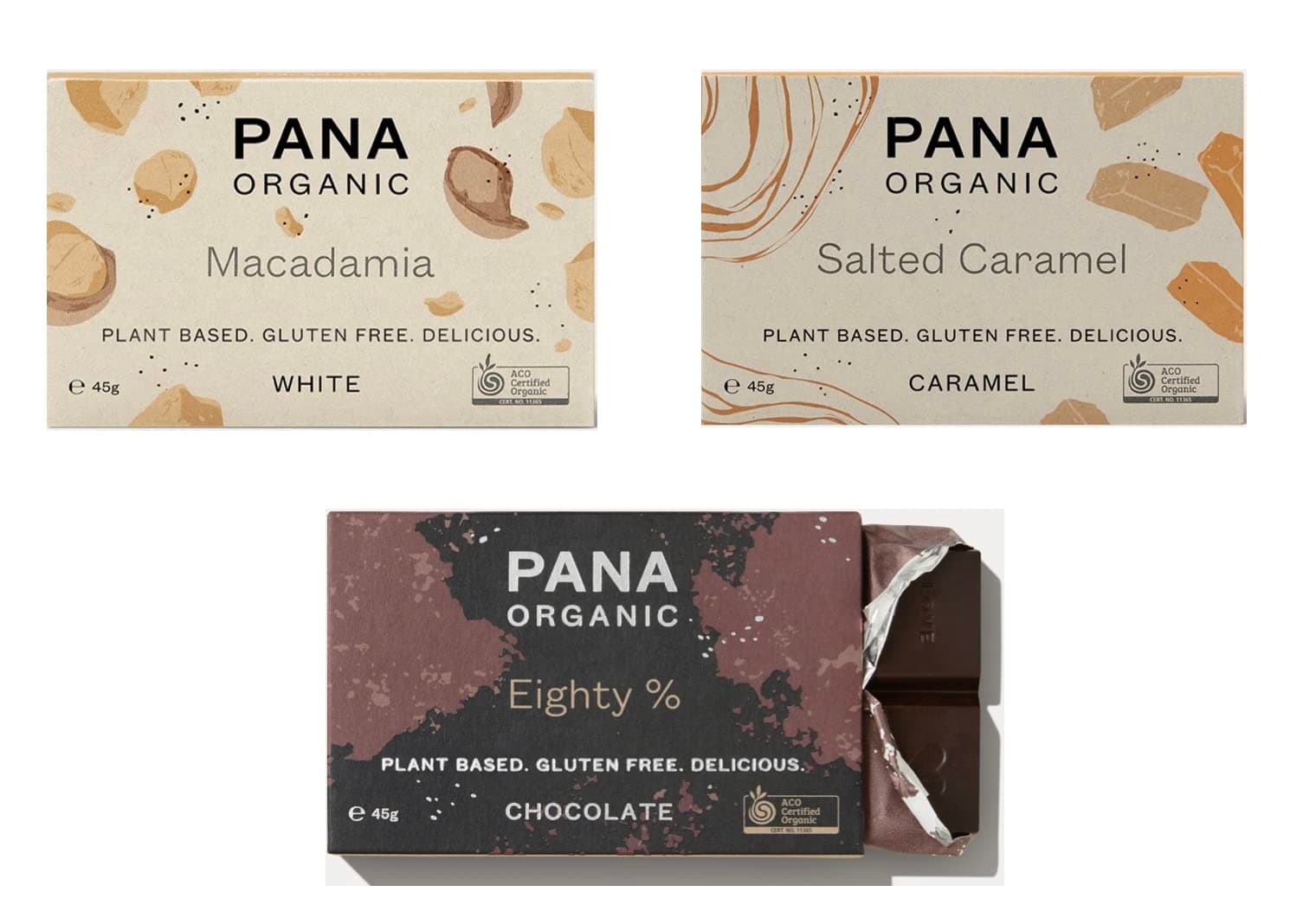 Pana Chocolate - 3 x 45g Bars: Eighty %, White Macadmia, Salted Caramel