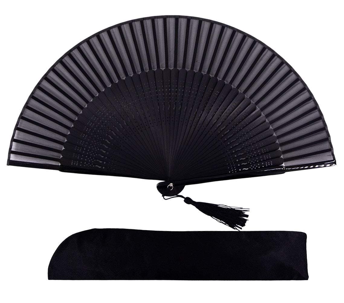 Amajiji 8.27"(21cm) Hand Held Bamboo Silk Folding Fan Hand Fan,Chinese/Japanese Charming Elegant Vintage Retro Style,Women Ladys Girls Best Gifts (Black-2)