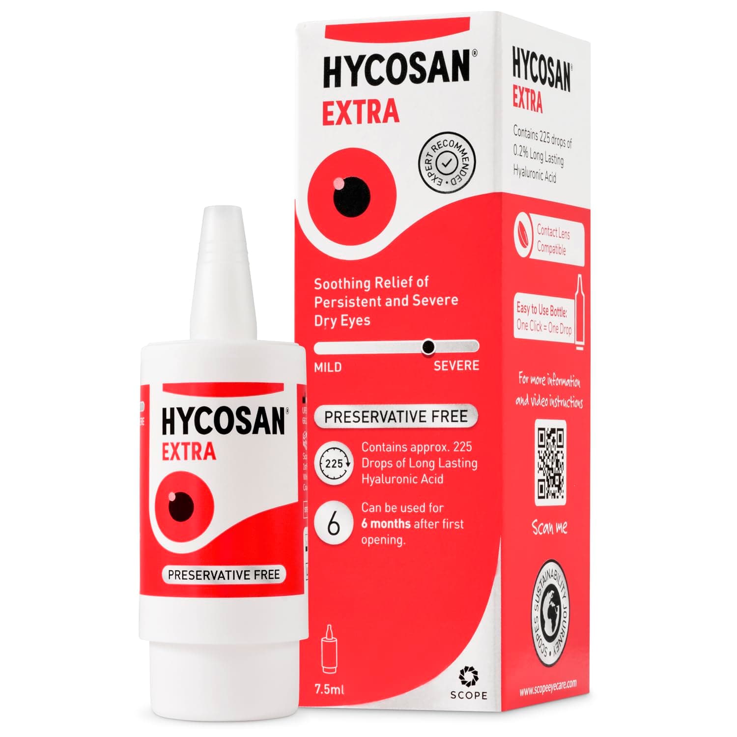 Hycosan Extra - Eye Drops with Hyaluronic Acid for Soothing Relief of Severe and Persistent Dry Eyes - Contact Lens Compatible - Preservative Free (7.5 ml (Pack of 1))