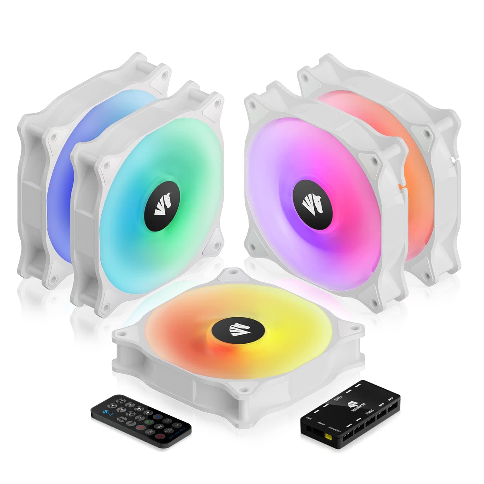 WD-001 Series 120mm Case Fan with Controller, White 5V ARGB Motherboard Computer Case Fans Quiet High Airflow Adjustable Light Effect Computer Cooling Fan, 5 Pack