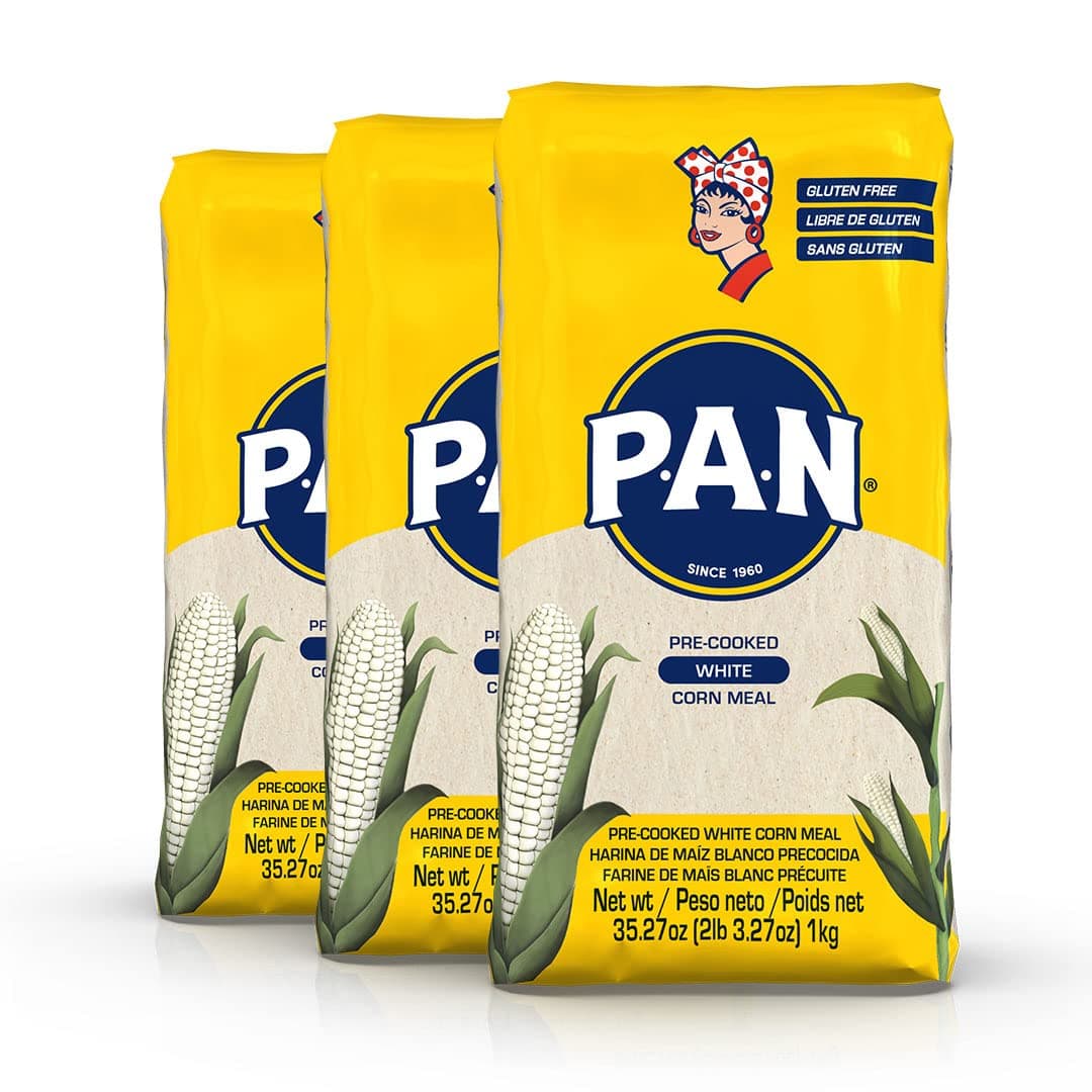 P.A.N. White Corn Meal - Pre-cooked Gluten Free and Kosher Flour for Arepas, 1 Kilogram (35 Ounces / 2 Pounds 3.3 Ounces) (Pack of 3)