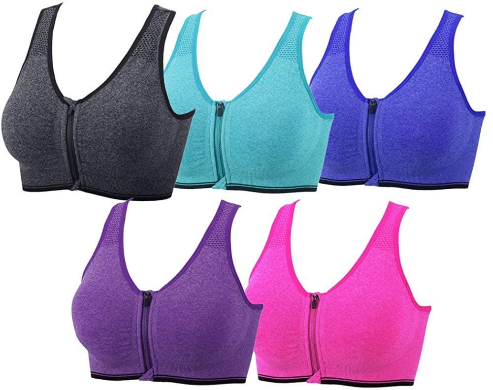 xcyliveWomen 5 Pack Zip Front and Removable Pads Tank Top Racerback Sports Bra, 5 Pack(purple+red+green+gray+blue)