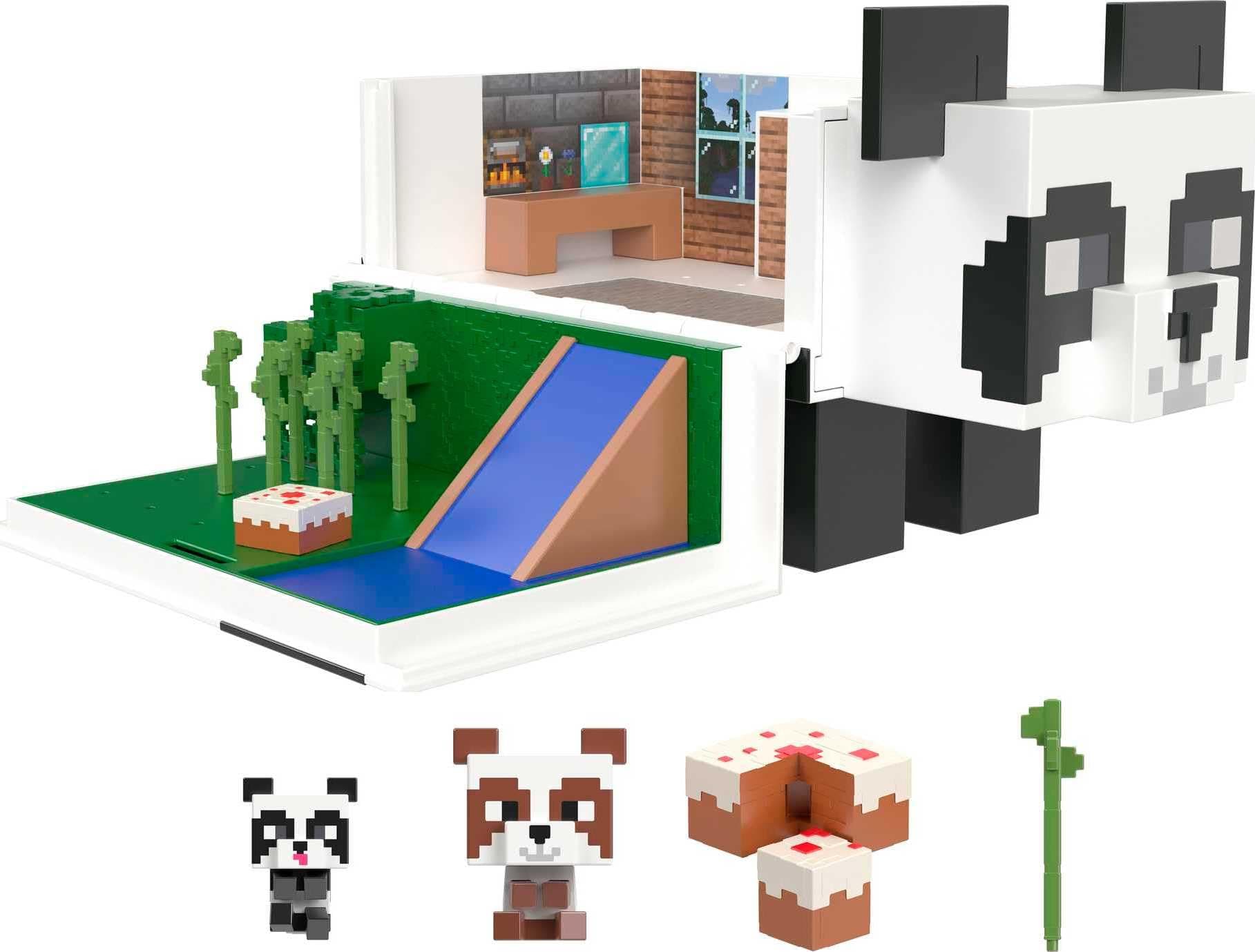 Mattel Minecraft Mob Head Minis Toys, Panda Playhouse Playset with 2 Panda Action Figures, Removable Bamboo Shoots & Cake Slice Accessories