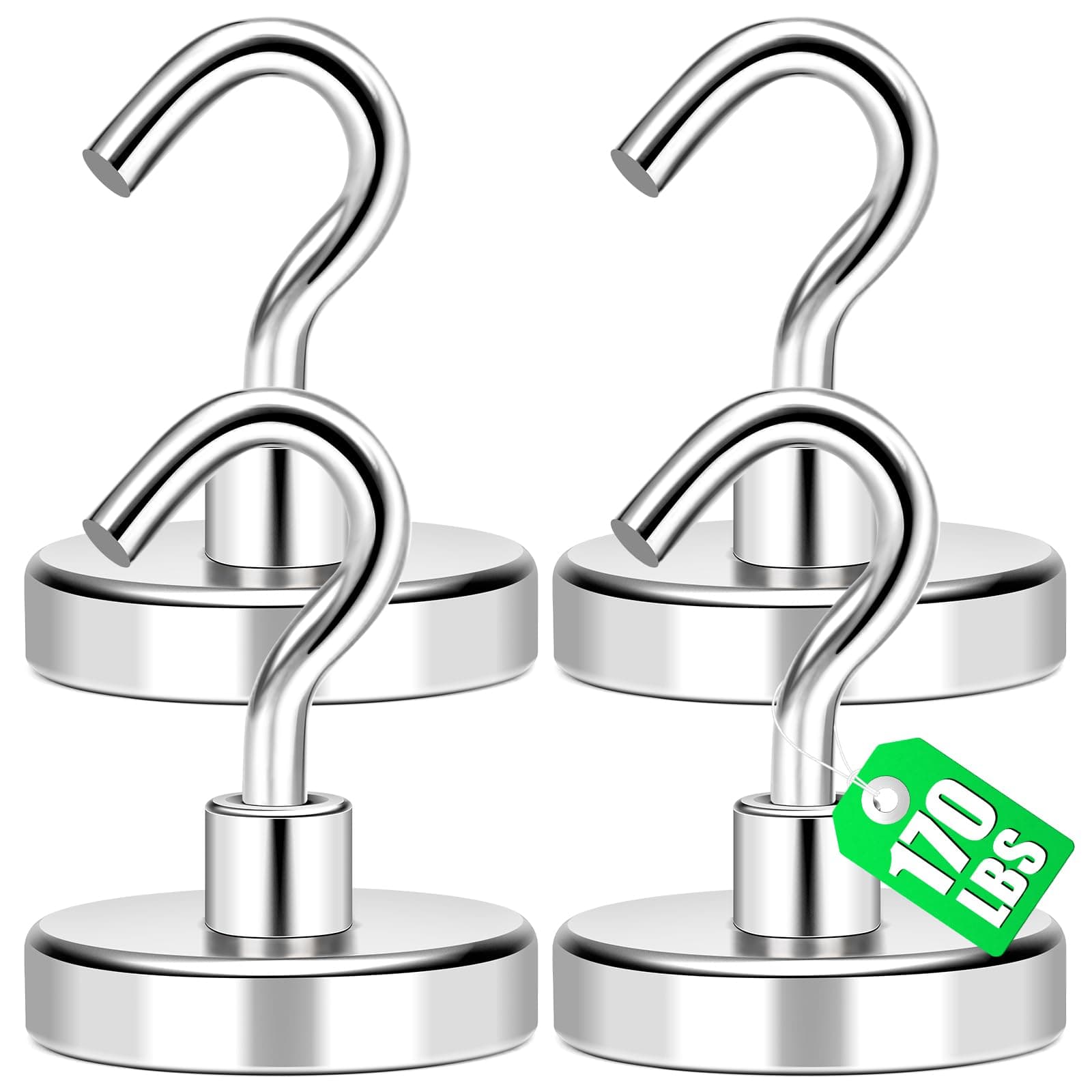 Mikede Magnetic Hooks Heavy Duty,150Lbs+ Super Strong Magnetic Hooks For Cruise Essentials,Neodymium Earth Magnets With Hook For Hanging,Magnetic Metal Hanger For Fridge,Toolbox,Storage,4 Pack-Silver