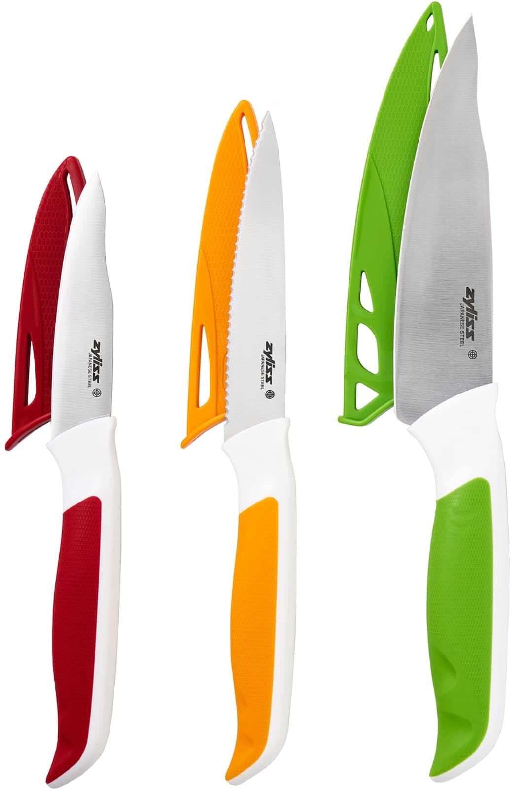 E920240 Comfort 3 Piece Knife Set, Multiple Sizes, Japanese Stainless Steel, Multicolour, 3 x Kitchen Knives with Protection Covers, Dishwasher Safe