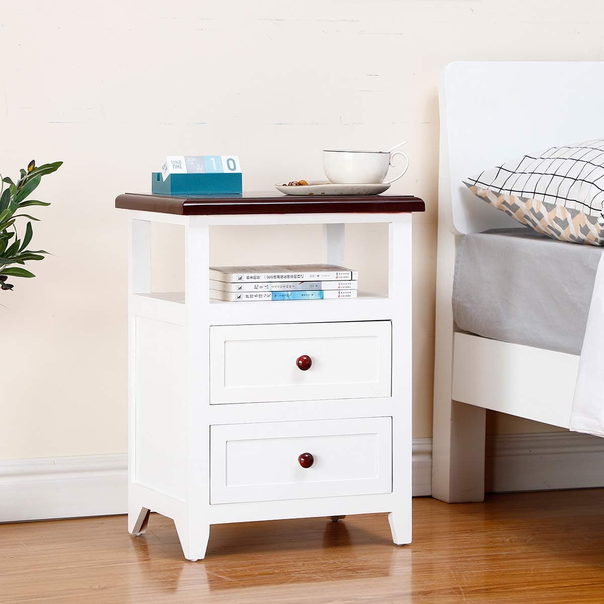 EXQUI Bedside Table with 2 Drawers and Shelf White NightStand for Bedroom Wooden Cabinet Side Table Storage Unit Small Console Table End Table for Living Room, G166-2B