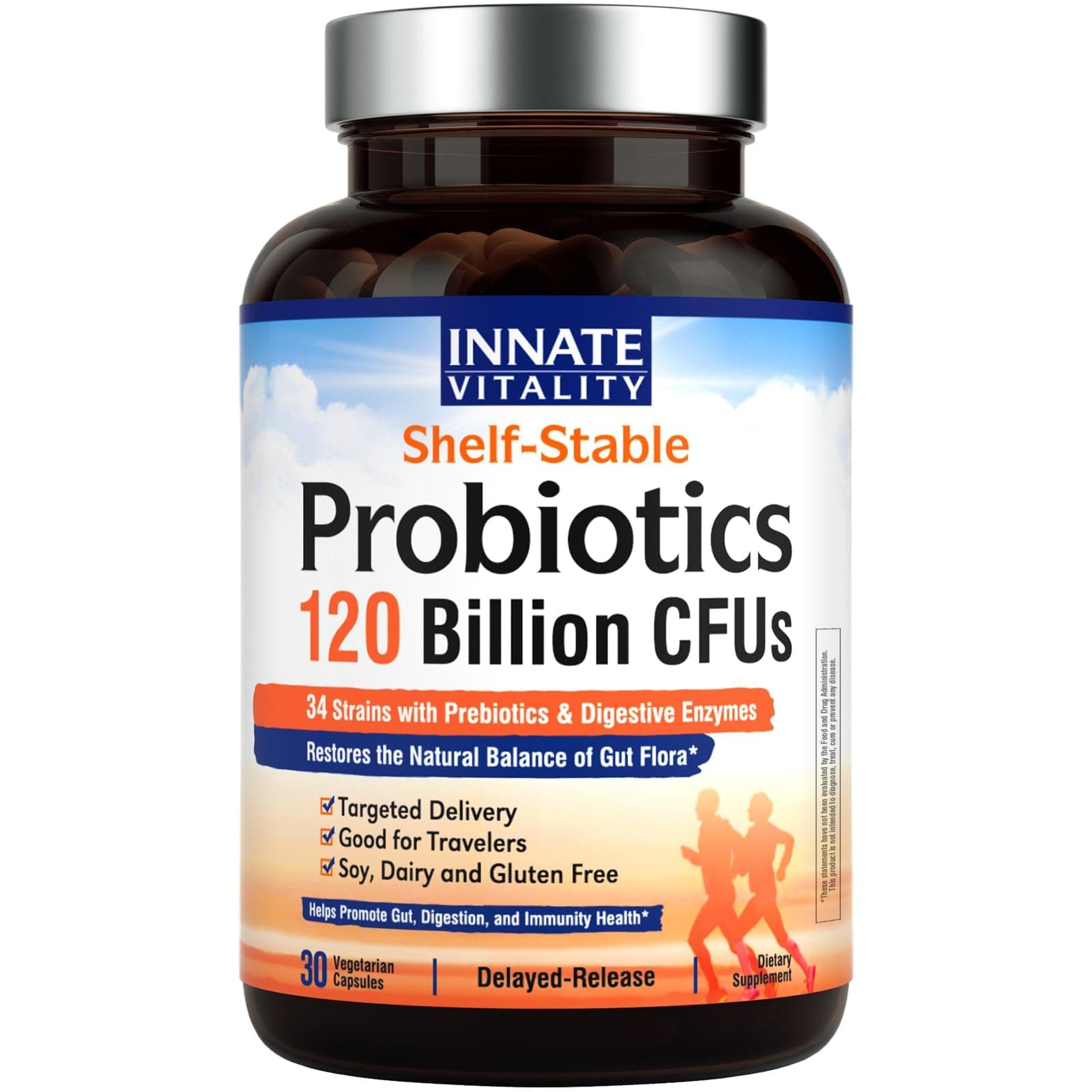 Innate Vitality Probiotics 120 Billion CFUs for Men & Women, 34 Strains with Prebiotics & Digestive Enzymes, Immune & Digestive Health, Delayed Release, Shelf Stable, 30 Vegan Capsules