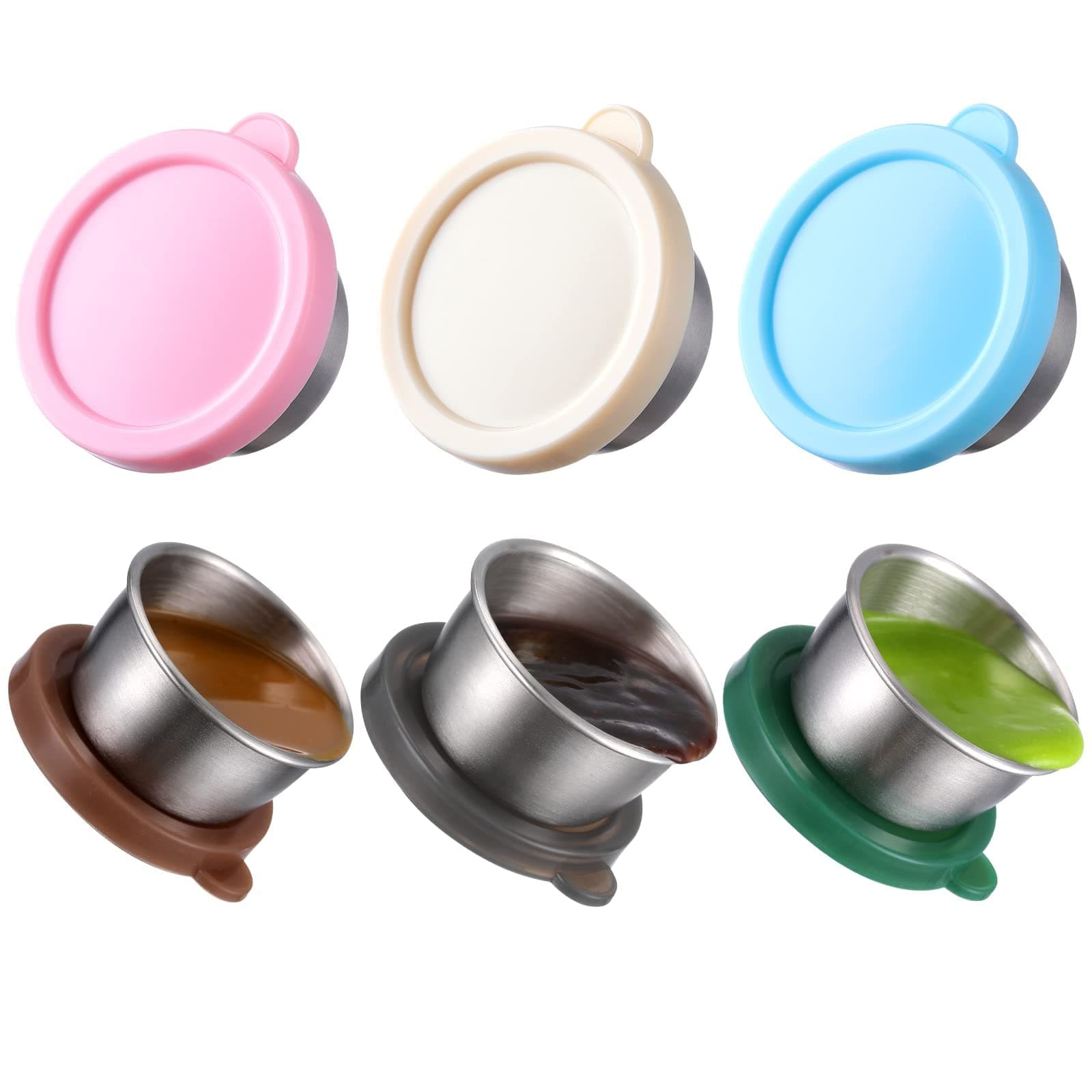 6x1.6 oz Salad Dressing Container To Go, Reusable Condiment Container with Lids, Fits in Bentgo Kids Lunch Box, Premium Silicone, Easy Open, Leakproof, Stainless Steel Small Dipping Sauce Cups