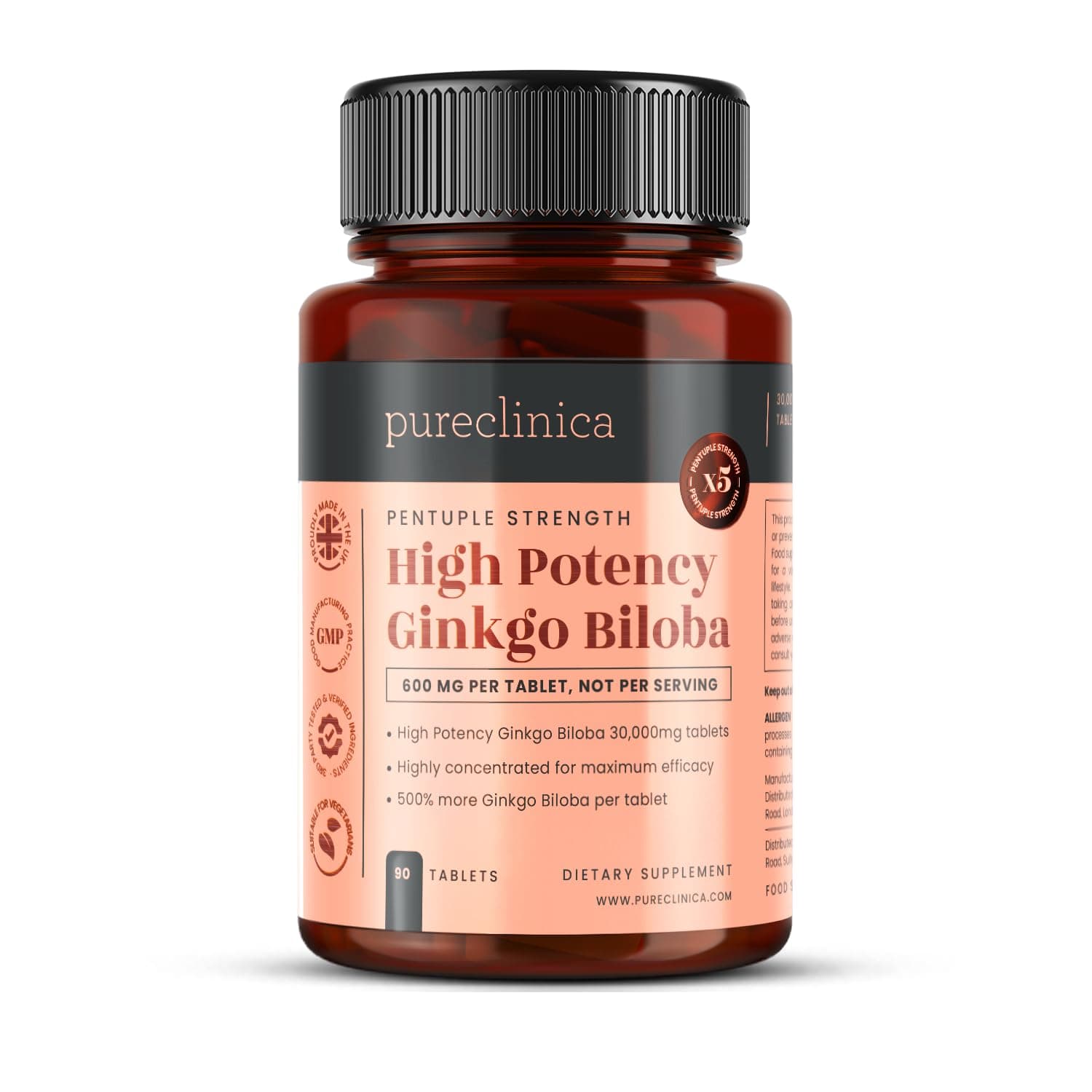 Pureclinica High Potency Ginkgo Biloba 30,000mg x 90 Tablets - 3 Months Supply - 5 Times The Strength of Competitor Products