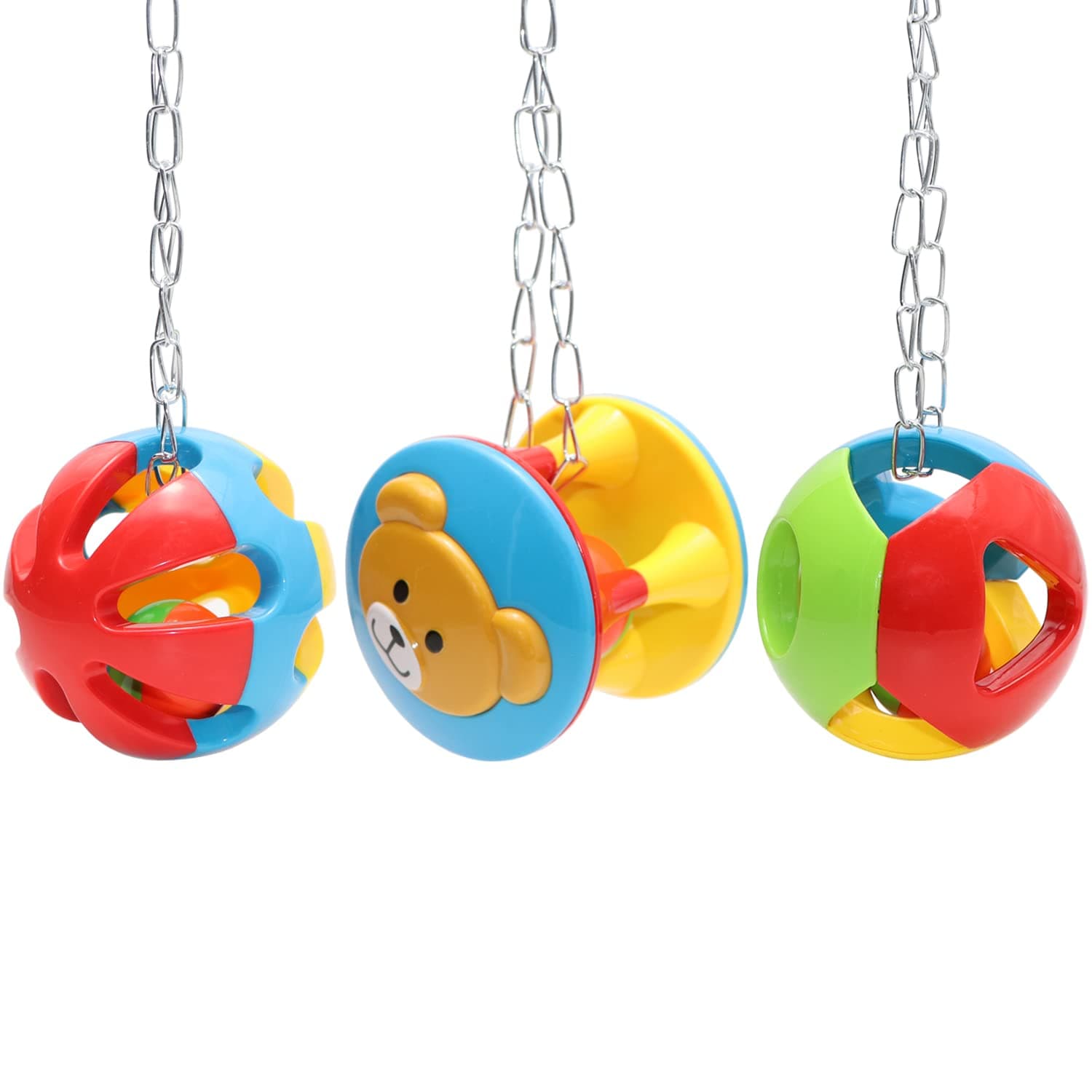 Wontee Bird Hanging Ball with Bell Colorful Chewing Treat Toy for Parrot Parakeet Cockatiel Conure Lovebird Dog Puppy Cat (3 PCS)