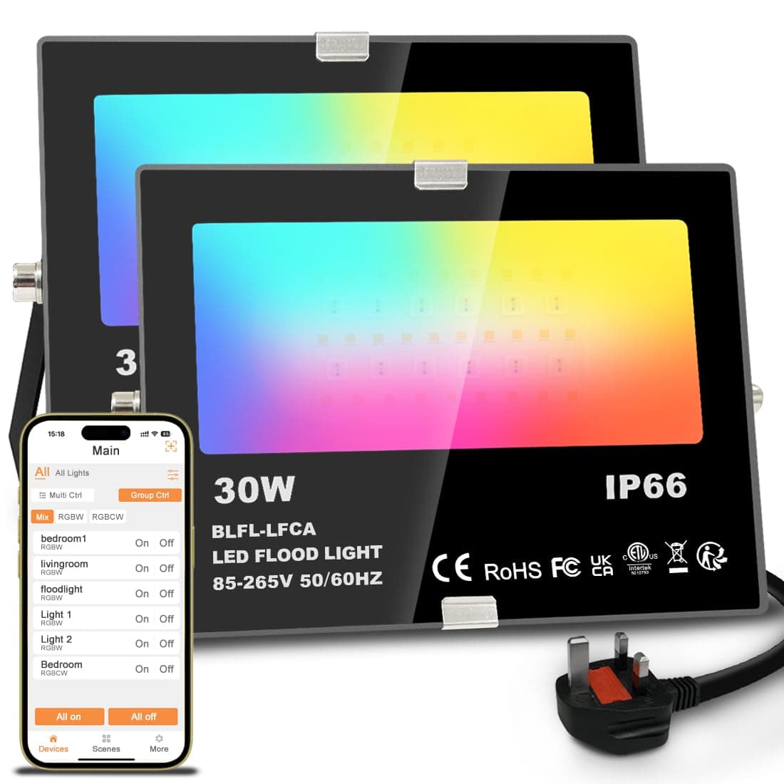 LED Floodlight 30W 3000LM, Smart RGB Flood Lights Outdoor with APP Control, Colour Changing + Warm White, Timing - Scene - Garden Lighting, IP66, UK Plug(2 Packs