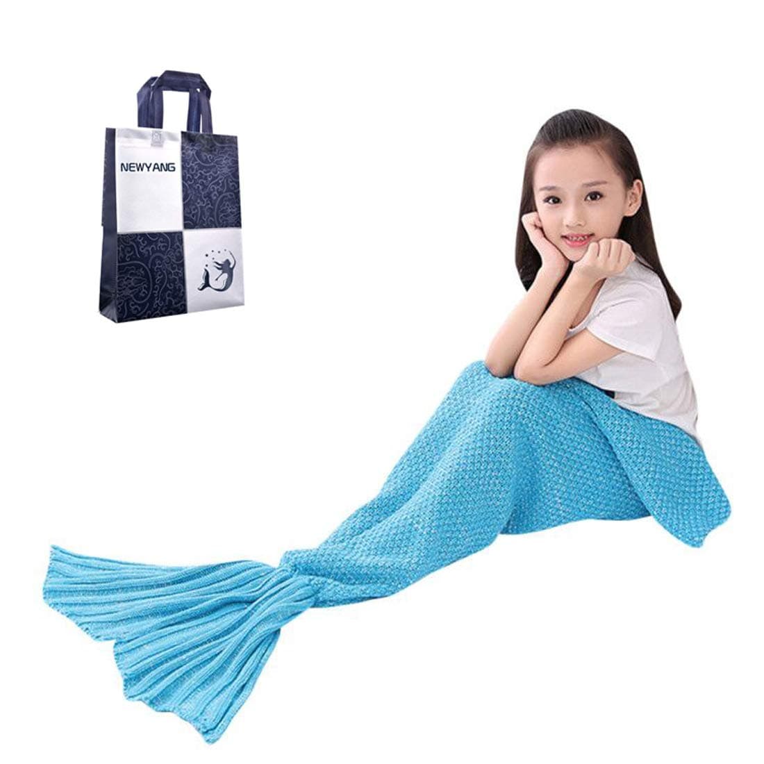 Mermaid Blanket All Seasons Hand Crochet Knitted Mermaid Tail Blanket, Best Girls Gifts Birthday (Kid Light Blue)
