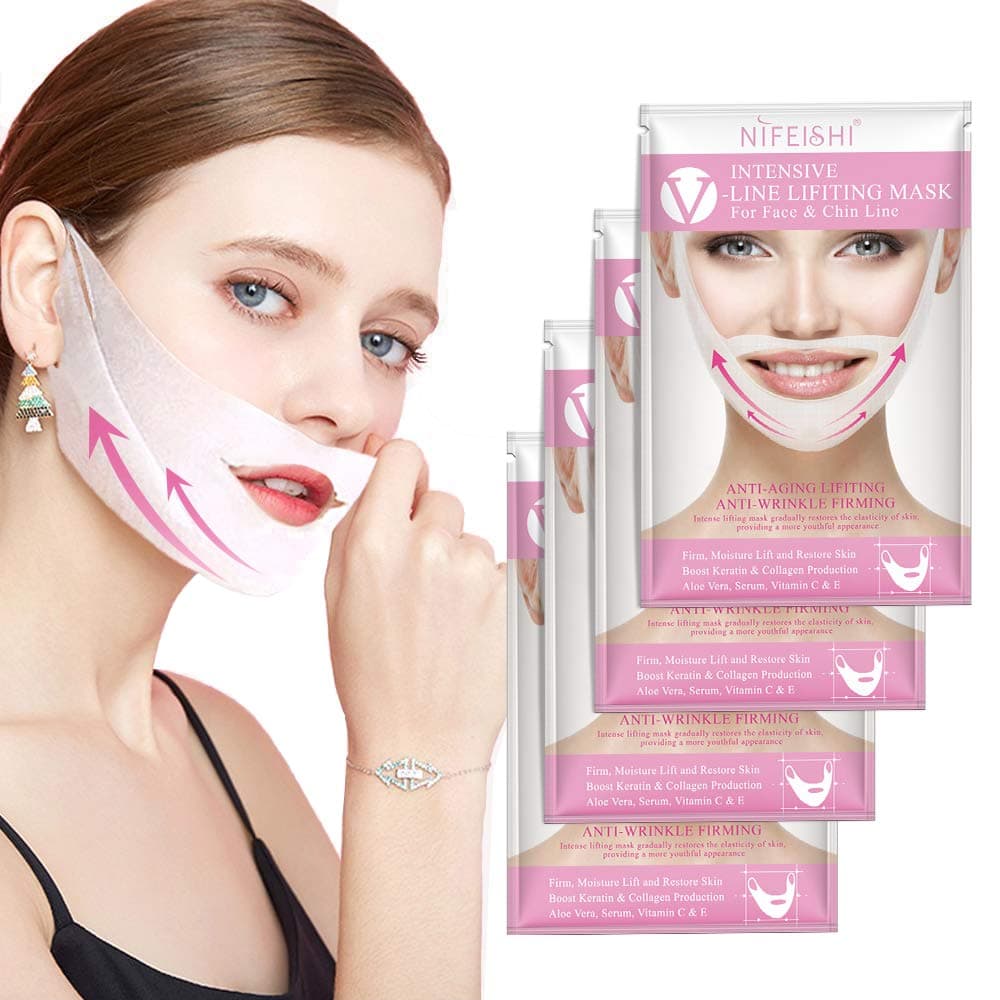 V Line Face Mask, Chin Up Patch, V Shape Face Lifting & Double Chin Reducer Intense Lifting Mask, Neck Mask Face Mask for Firming Moisturizing Face & Neck Lift- 4 pack
