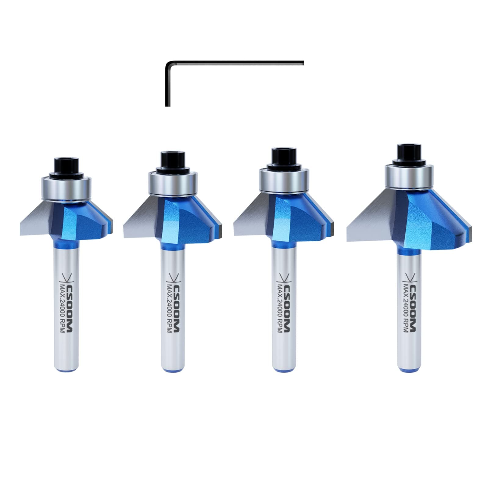 CSOOM 45 °Degree Chamfer Router Bits 4pcs, 1/4 Inch Shank, Adopt K10 Carbide.Use for Angled Edges, Laminate, Particle Board, Plywood Compact Panel, and etc by CSOOM