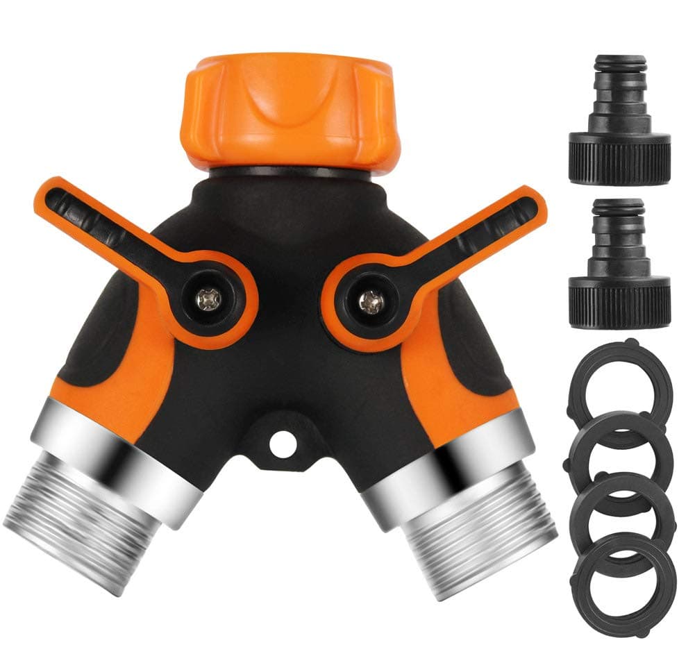 SUNBOOM Garden Hose Splitter - 2 Way Hose Tap Connector, Outdoor Double Water Tap Hose Splitter, Faucet Adapter with 2 Quick Connectors and 4 Rubber Washers
