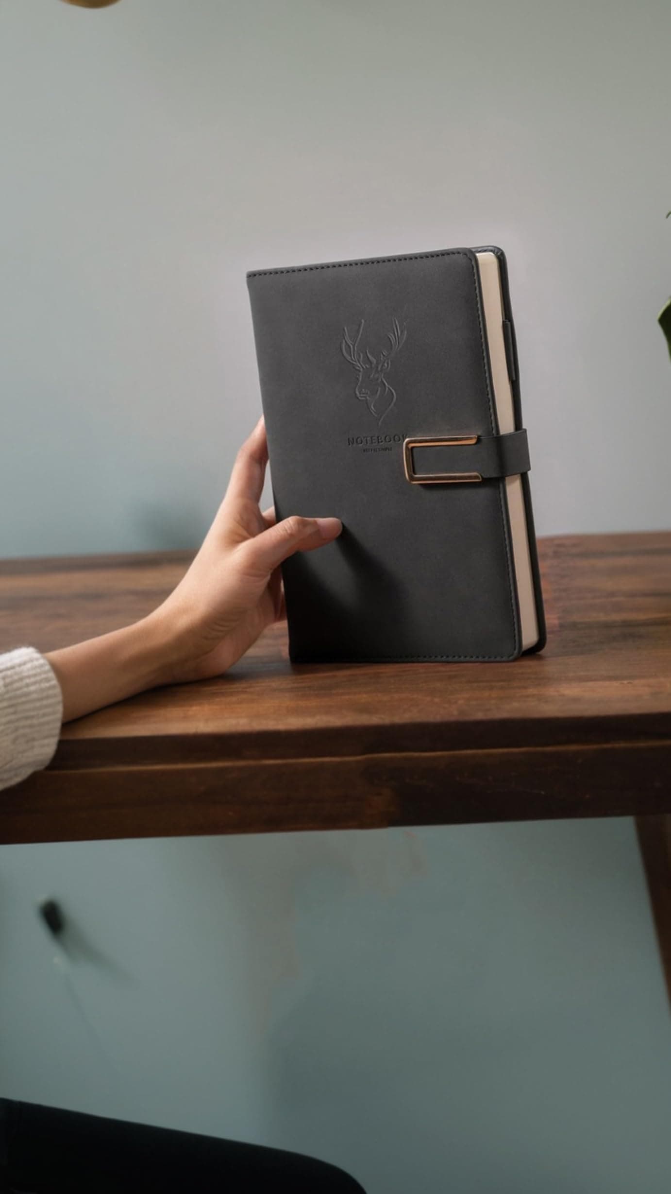 – 416P Super Thick Business Notebook A5 Buckle Sheepskin Notepad with Deer Head Design - PU Leather Hardcover Journal, Diary (Black)