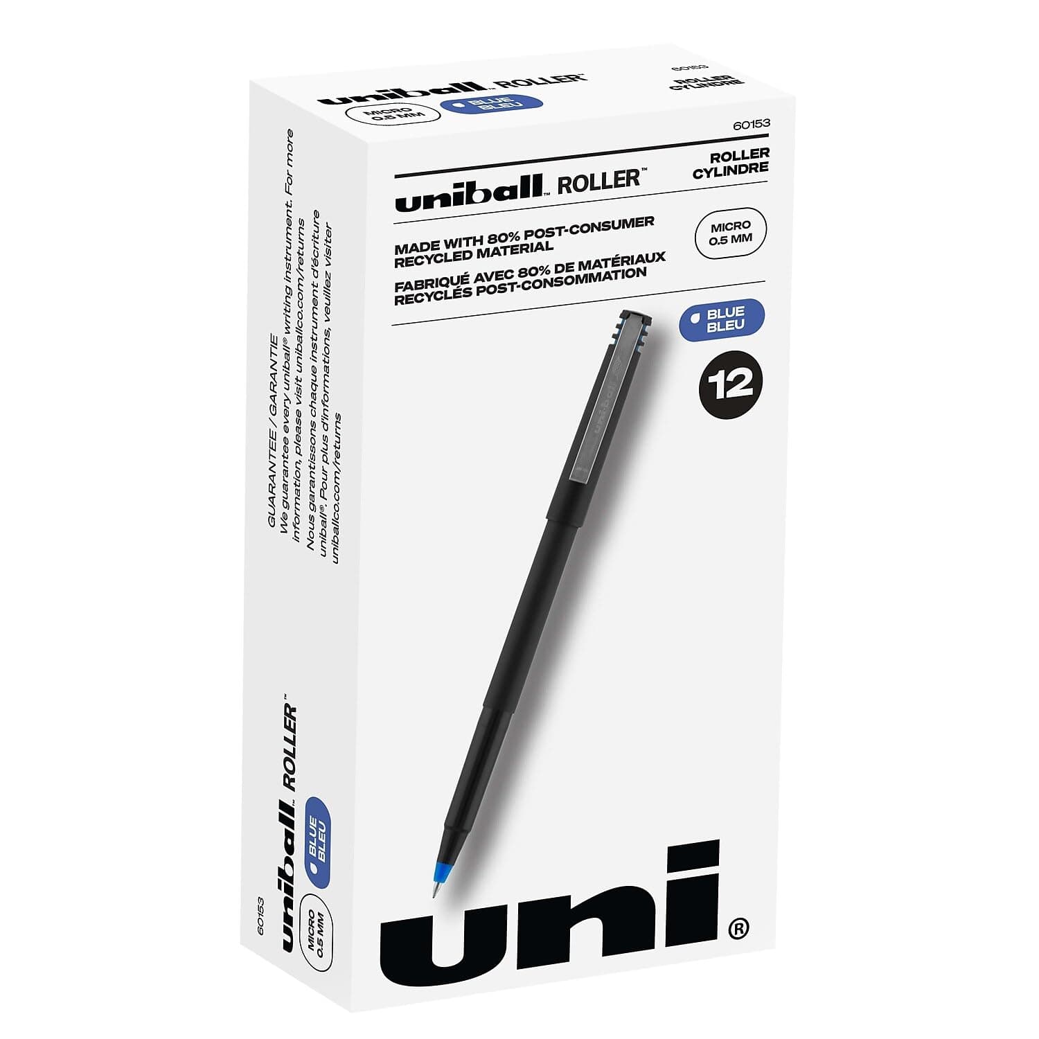 Sanford Uniball Roller Stick Pen, 0.5mm Micro Point, Blue Ink, Dozen (60153)