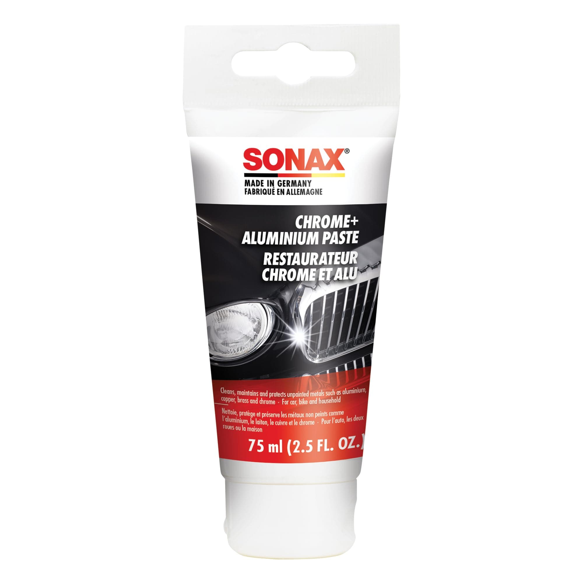 Sonax Chrome & Aluminum Paste | Gentle Cleaner & Protector for Chrome, Aluminum, Brass & Copper | Removes Rust & Corrosion | Restores Shine & Prevents Tarnishing | 308000 | 75ml