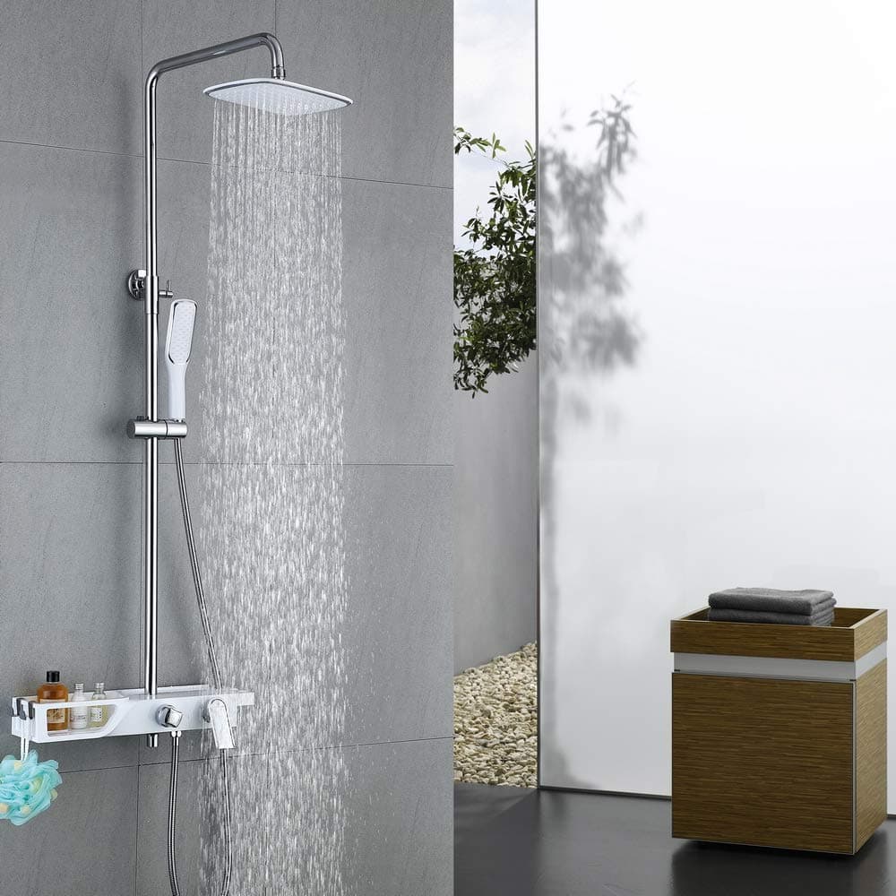 HOMELODY Shower Mixer 3-Way Shower Set with Shower Shelf Shower System Square Adjustable Shower Rail Chrome