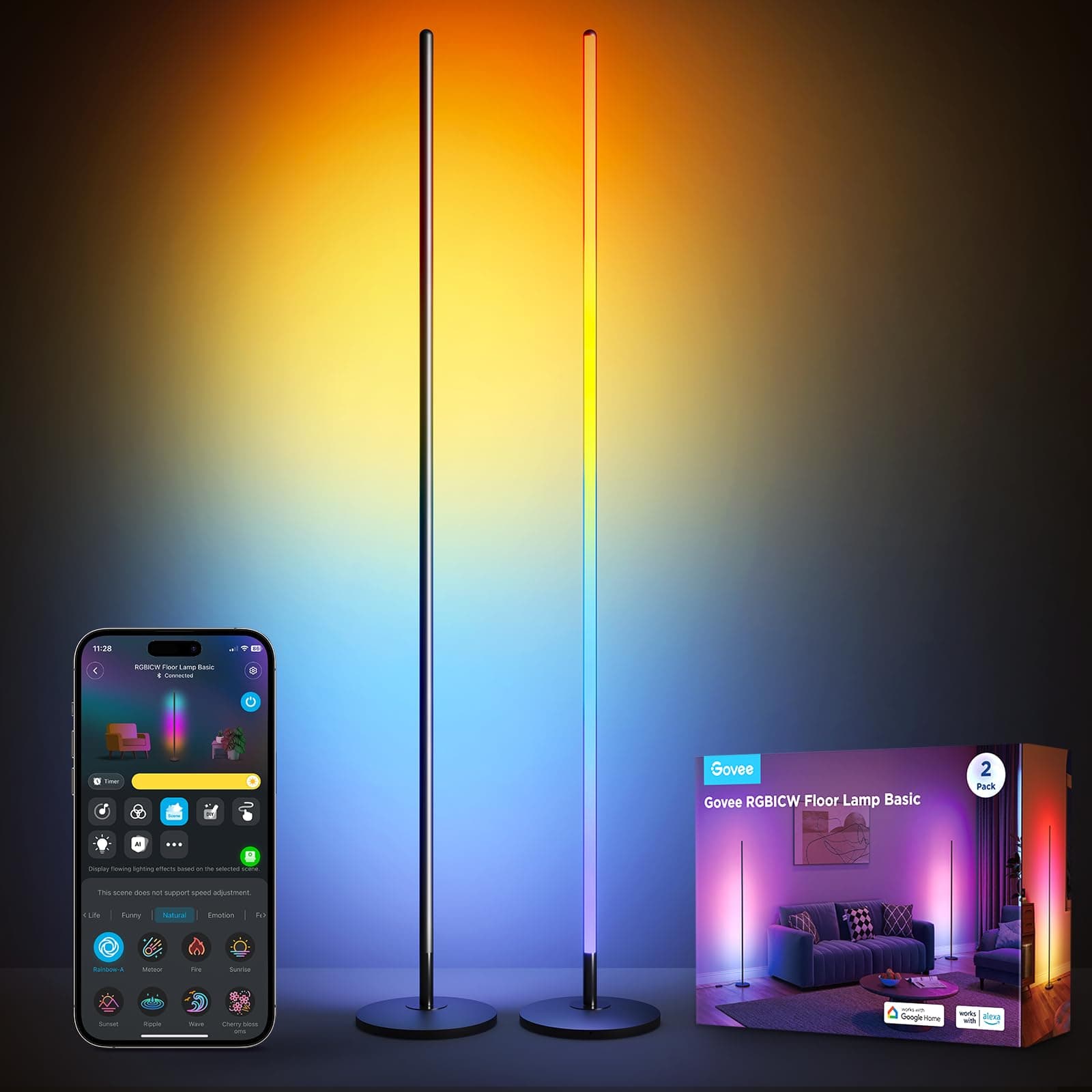RGBIC Floor Lamp 2-Pack, LED Lamp Compatible with Alexa, Smart Standing Lamp with Voice Control, Color Changing Bedside Lamp, Floor Lamp for Bedroom, Nightstand Corner Lamp, Black