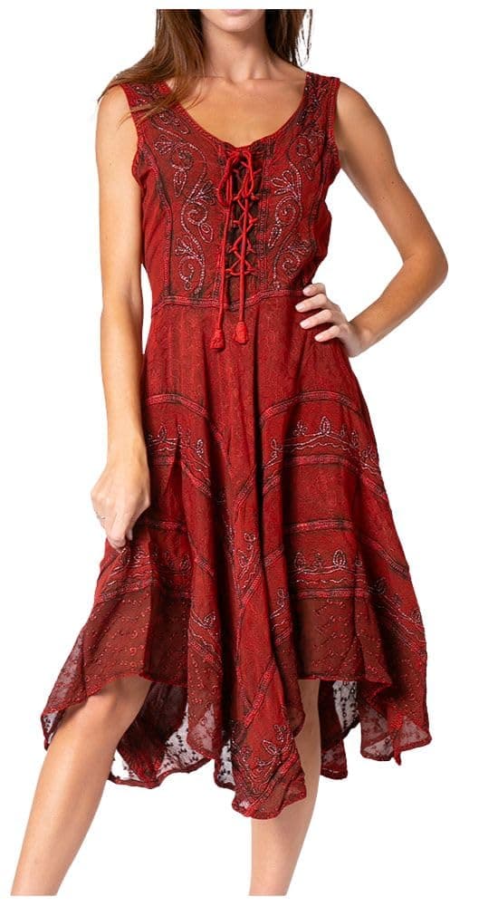 Sakkas Sundara Stonewashed Rayon Embroidered Mid Length Dress