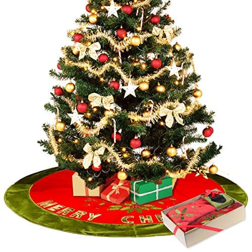 Christmas Tree Skirt of Sujonna 48" for Christmas Decorations With Exquisite Box Packaging - Pretty Holiday Dress with 20" Length Omanments Person Christmas Stockings - Xmas Tree Decorations Red Skirt