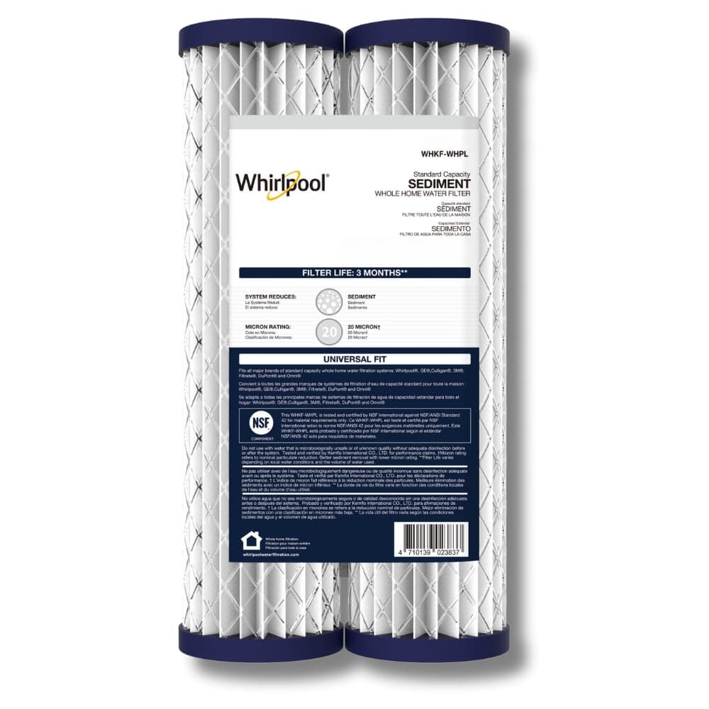 Whirlpool 10" x 2.5" Whole House Sediment Water Filters, WHKF-WHPL Pleated Filter, 20 Micron, NSF Certified Reduces Sand, Soil, Silt & Rust for Standard Filter Housings, 2-Pack
